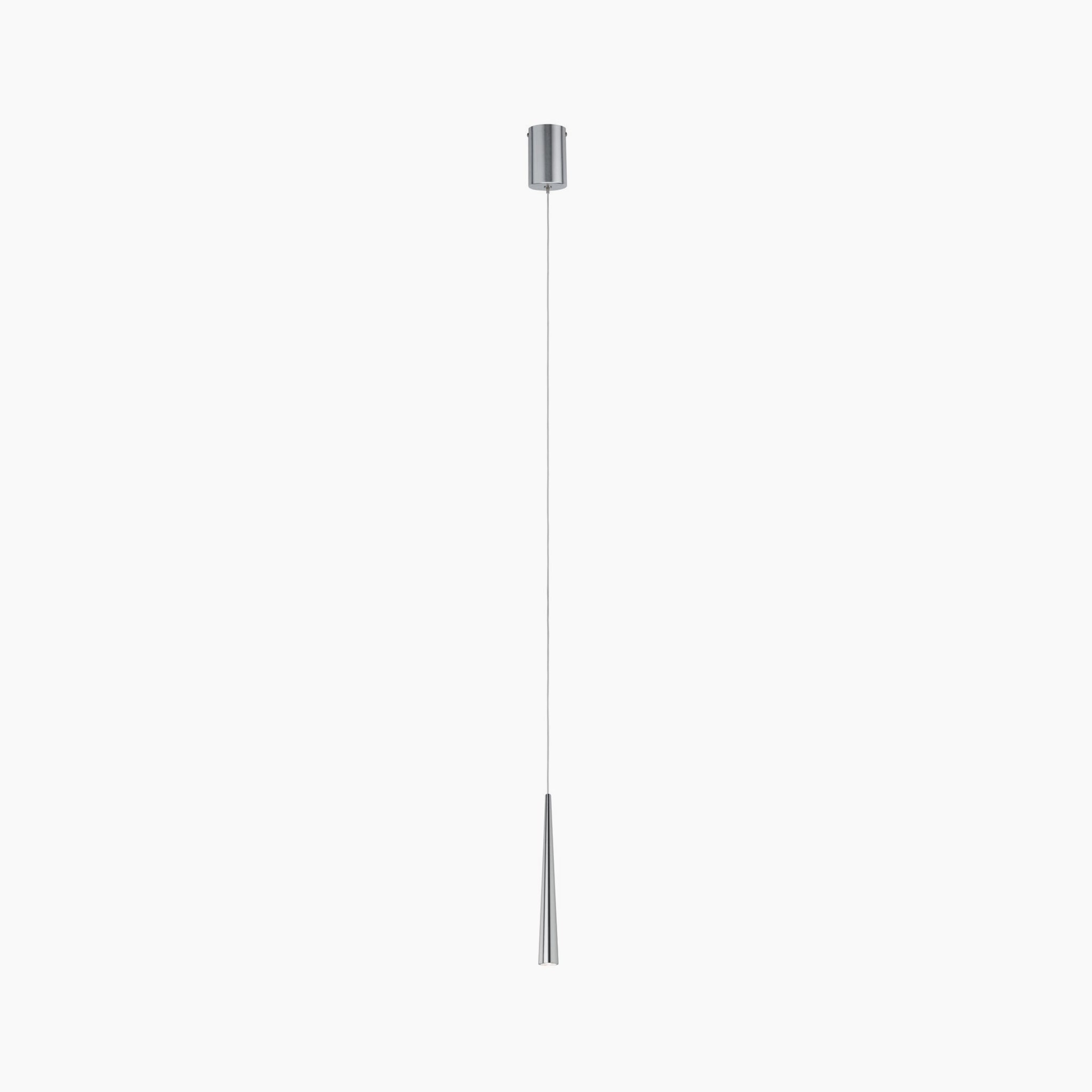 The Paulmann Gutta 8.5W LED pendant light features a cone-shaped shade, adjustable cable, and minimalist design in brushed aluminium, set against a white background.