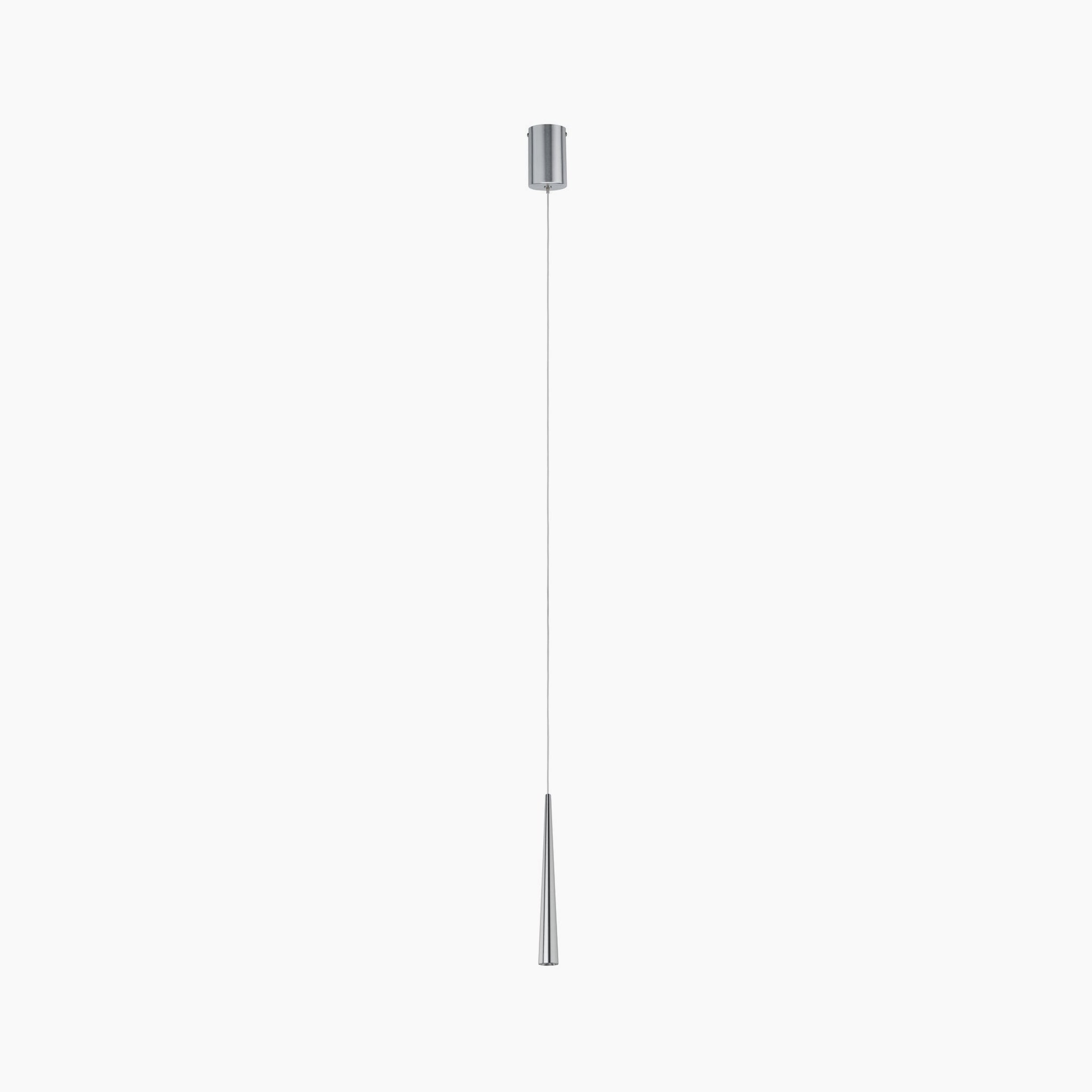 The Paulmann Gutta 8.5W LED 1 Lamp Pendant Light in Brushed Aluminium features an adjustable cable, allowing its conical metallic shade to hang gracefully against a pristine white background.