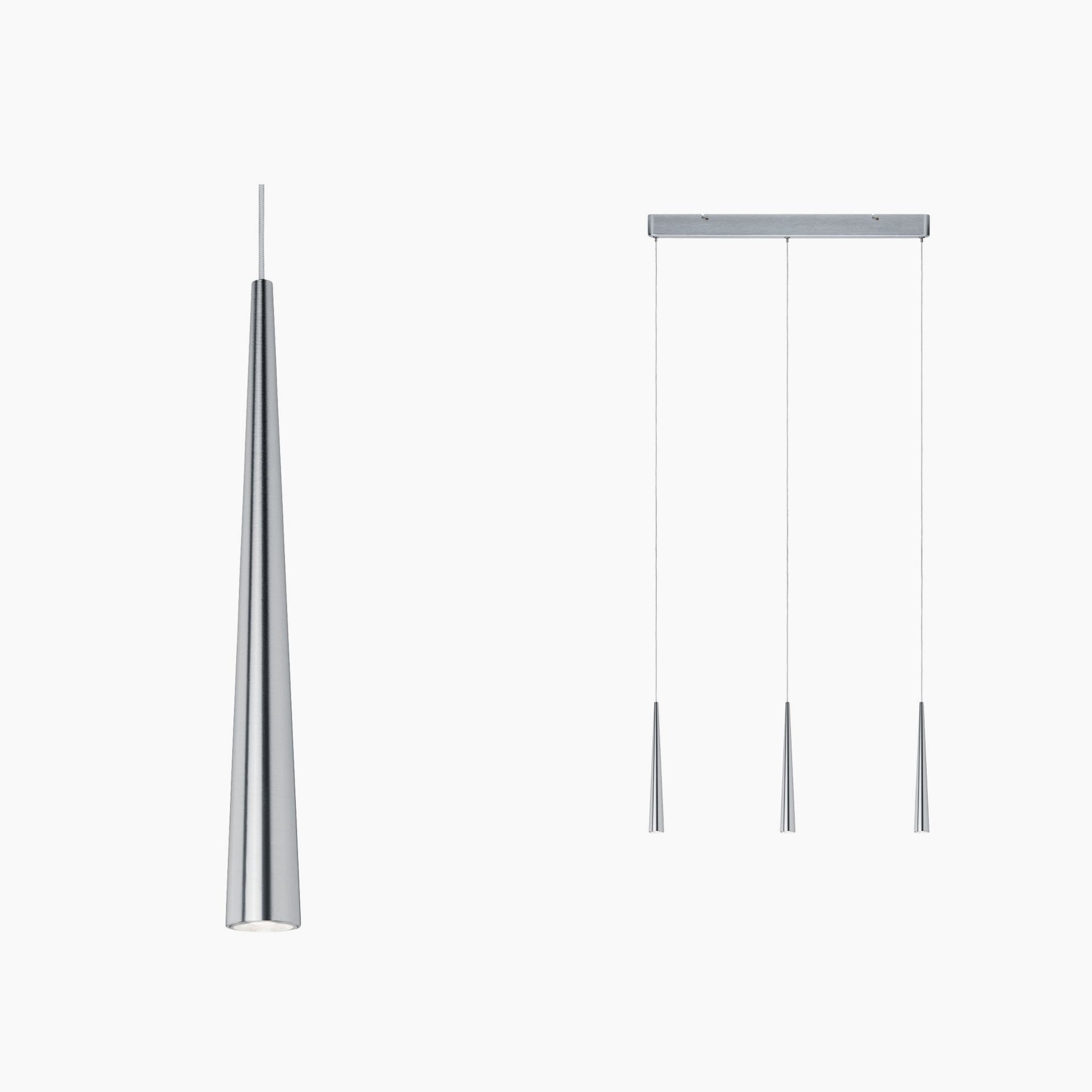 The Paulmann Gutta 23W LED Dimmable Pendant Light, featuring one single and a set of three lamps in brushed aluminium, is suspended by thin adjustable cables to create stunning minimalist pendant light displays.