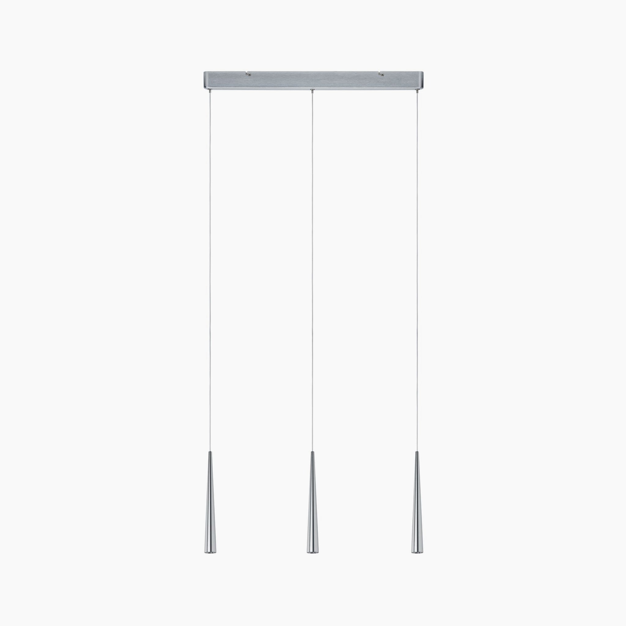 The Paulmann Gutta 23W LED Dimmable 3 Lamp Pendant Light in Brushed Aluminium showcases a minimalist design with three vertical, cylindrical pendants hanging from a rectangular mount, equipped with adjustable cables.