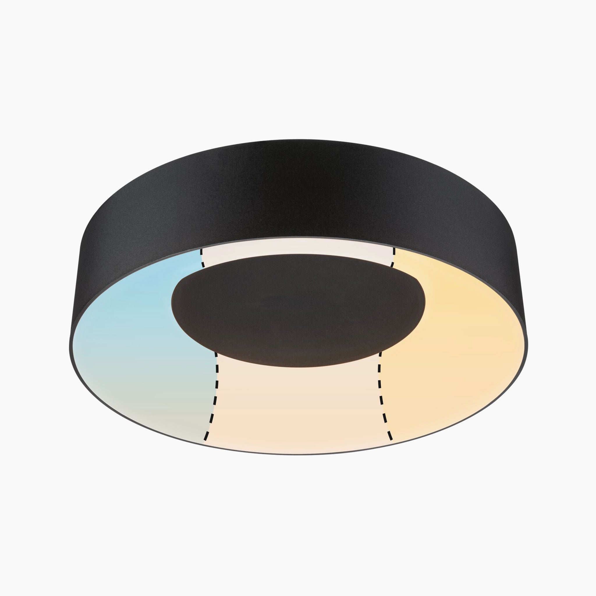 The Paulmann - Casca 18W LED Switch 1500lm Ceiling Light in Black Matt features a black circular frame and color-changing LED lights, elegantly divided into blue and amber sections for an enchanting lighting effect.