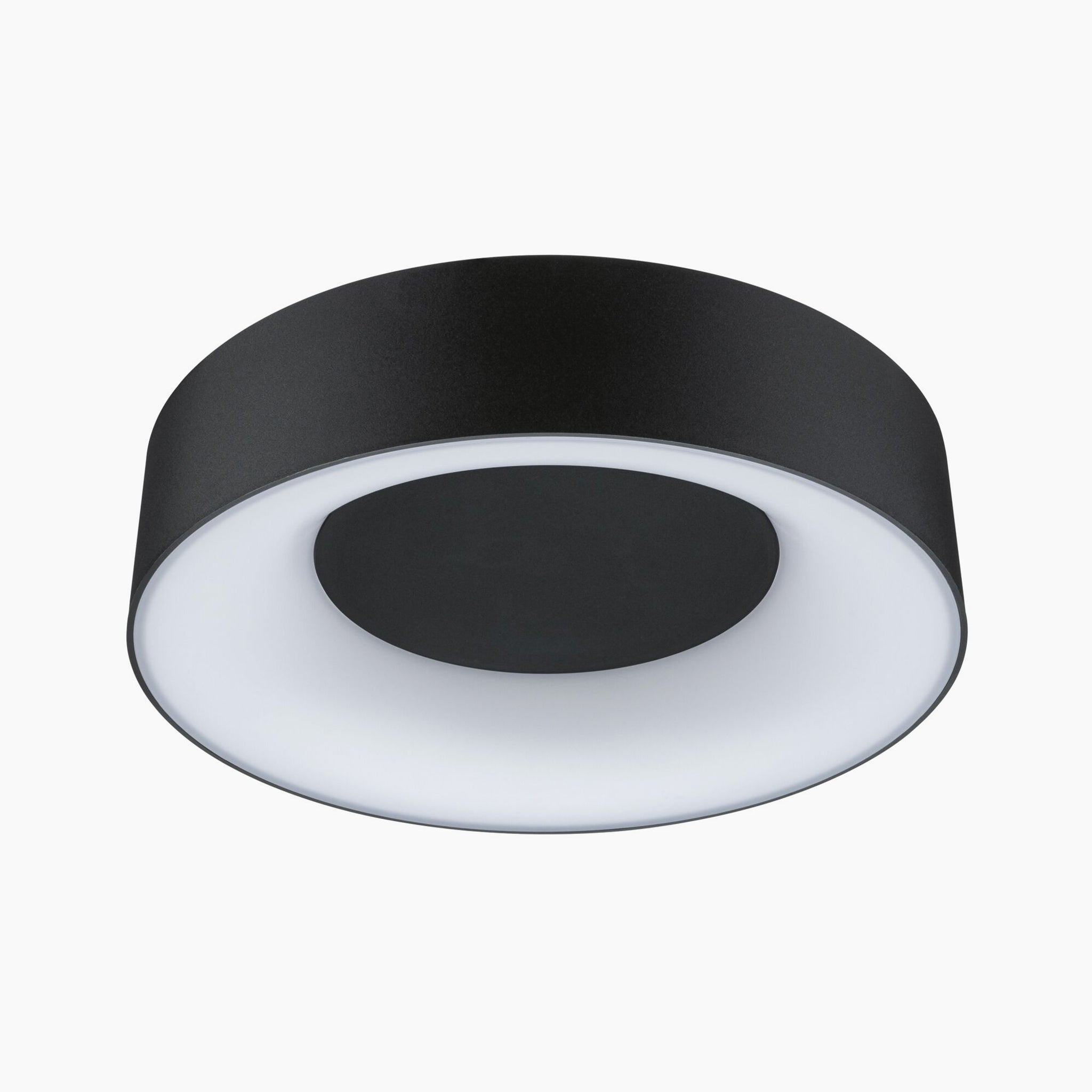 The Paulmann Casca 18W LED Switch 1500lm Ceiling Light in Black Matt showcases a stylish circular design with a white diffused center, delivering an elegant lighting effect that enhances any room.