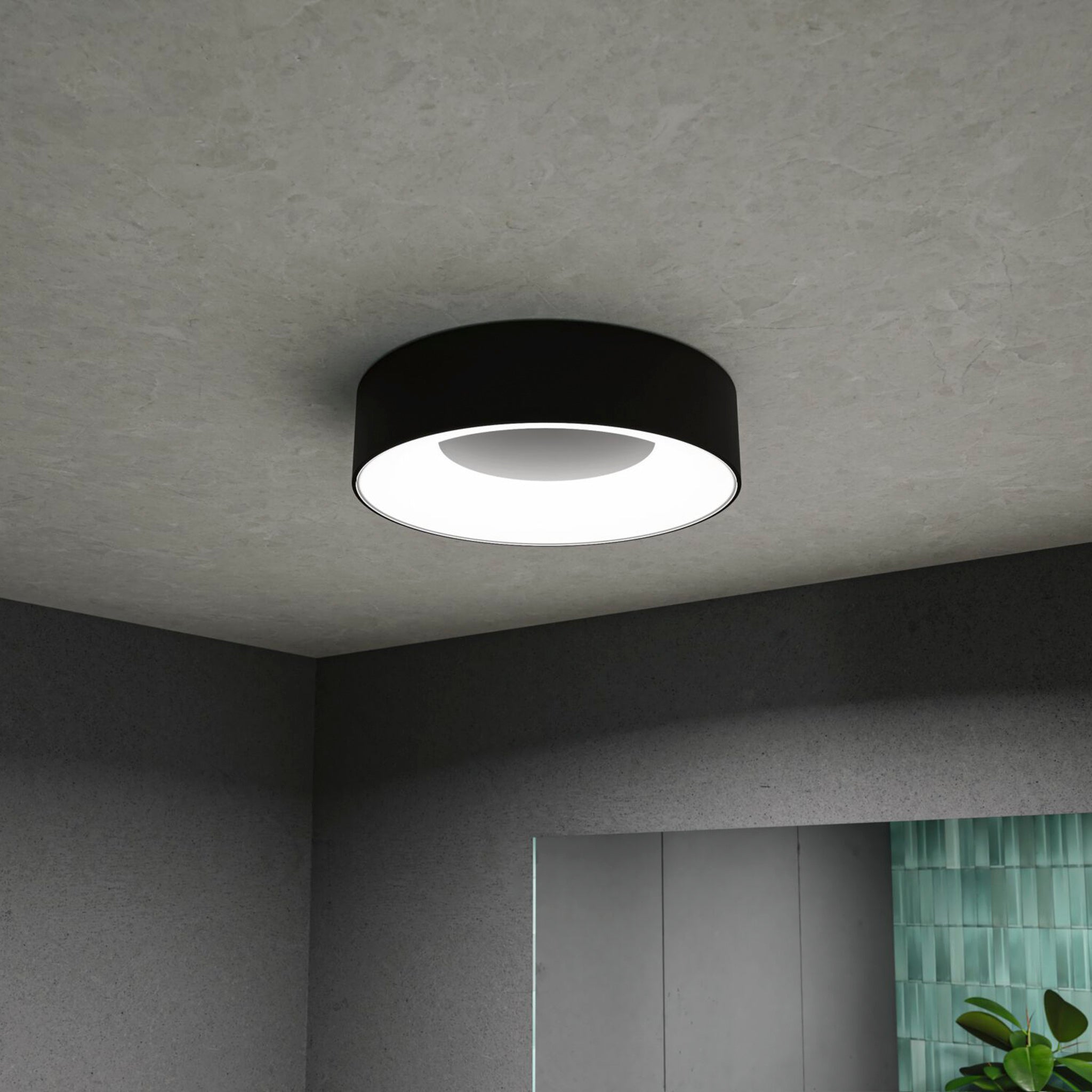 The dim room is gently illuminated by the Paulmann - Casca 18W LED Switch 1500lm Ceiling Light in Black Matt, highlighting a plant in the corner.