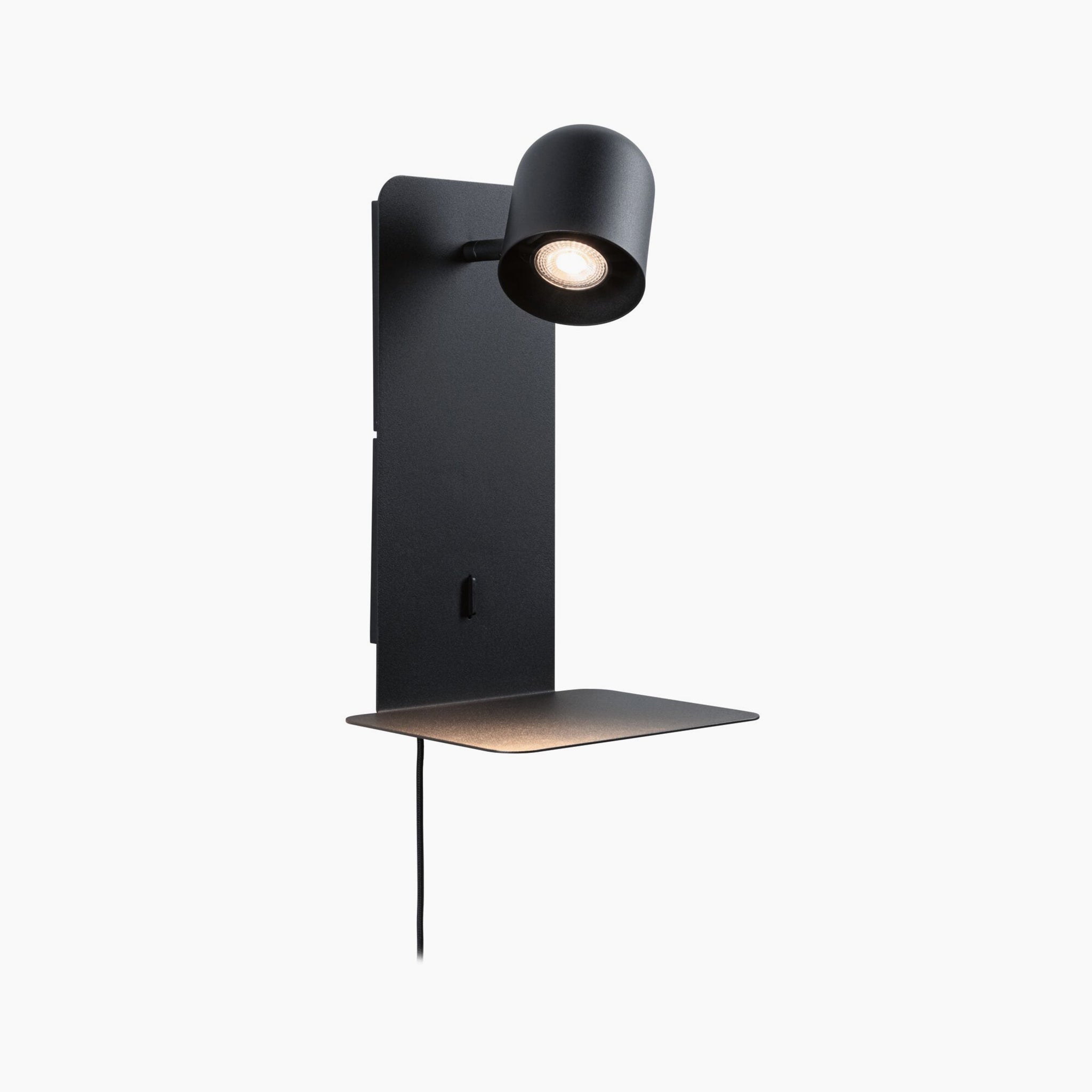 Introducing the Paulmann - Malena 5W Wall Light in Black Matt. This modern luminaire, designed for wall mounting, includes a small shelf and serves as both a reading lamp and a convenient charger, thanks to its integrated USB Type-C port.