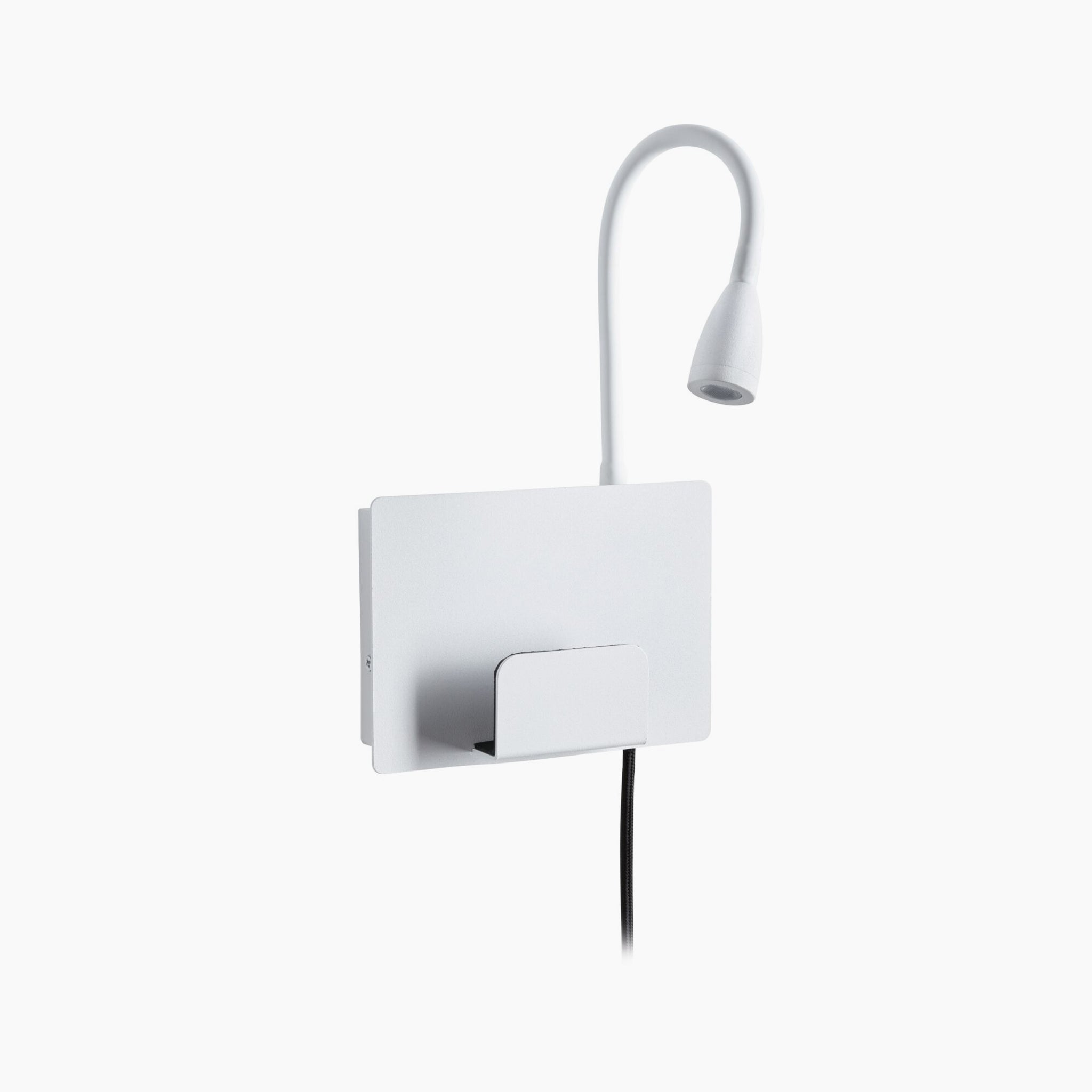 The Paulmann - Halina 3.5W LED Wall Light in White Matt features a wall-mounted design with an adjustable gooseneck, LED lighting, and an integrated shelf with a USB charging port.