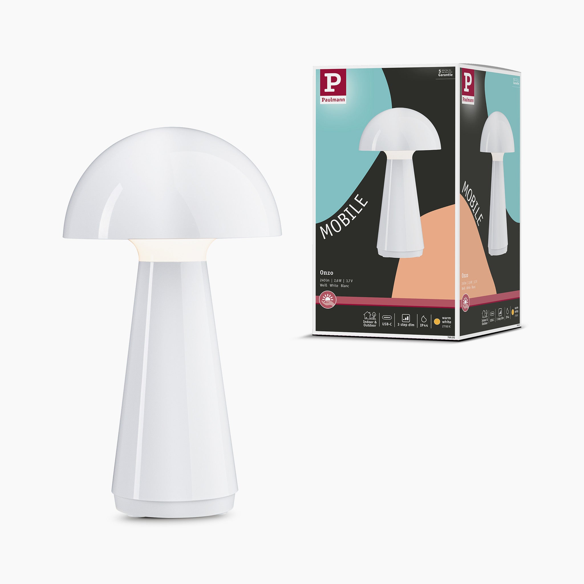 The Paulmann - Onzo 2.6W LED Mobile Table Lamp in white, shaped like a mushroom, is placed beside its vibrant packaging adorned with the "P" logo and "Mobile" text, and includes a USB-C connection for convenient charging.