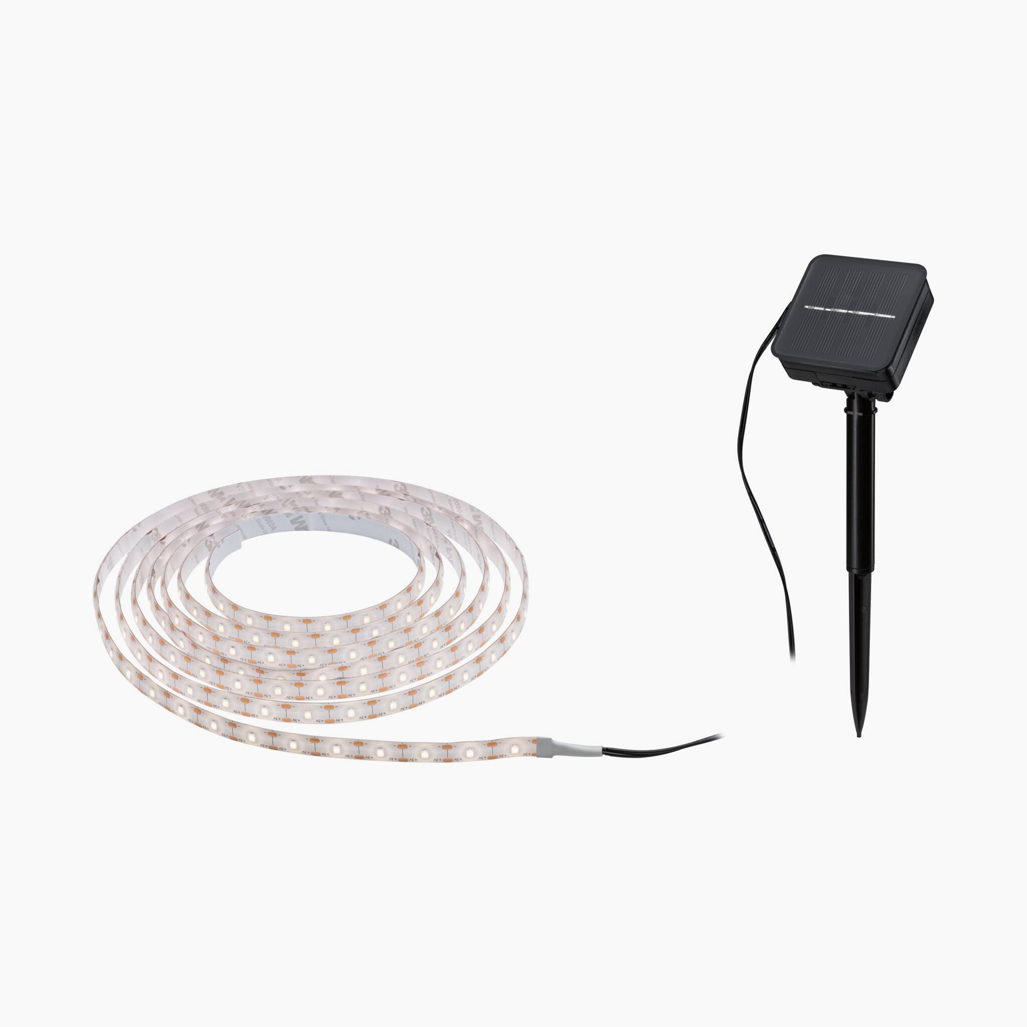 Paulmann's Outdoor Solar LED 3m Strip in Warm White features an energy-saving coiled design and includes a separate solar panel with a stake, all showcased on a white background. This environmentally friendly lighting solution blends convenience with sustainability.