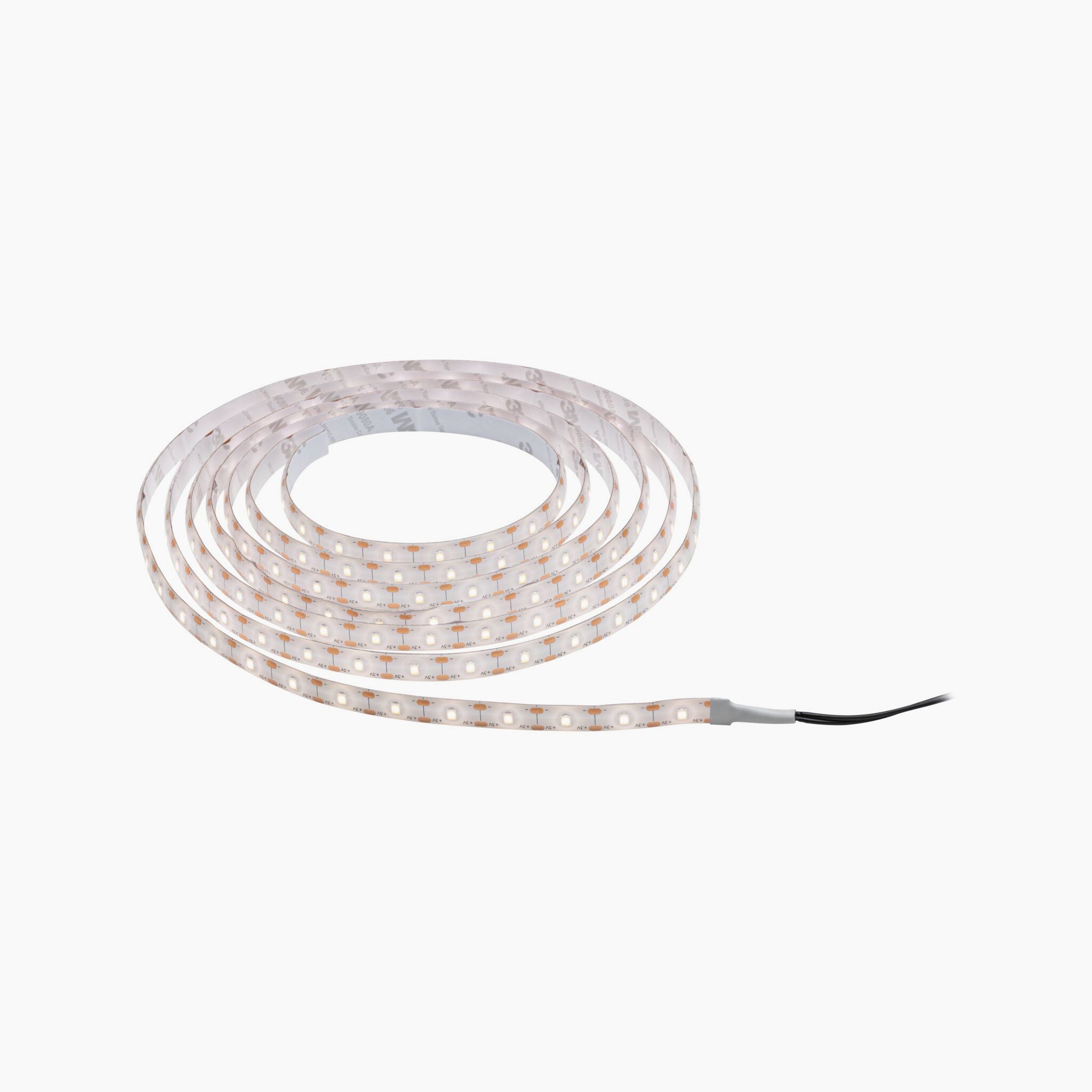 The Paulmann Outdoor Solar LED Strip, measuring 3 meters and featuring a dusk sensor in warm white, is displayed coiled with a black connecting cable on a white background to highlight its environmentally friendly design.