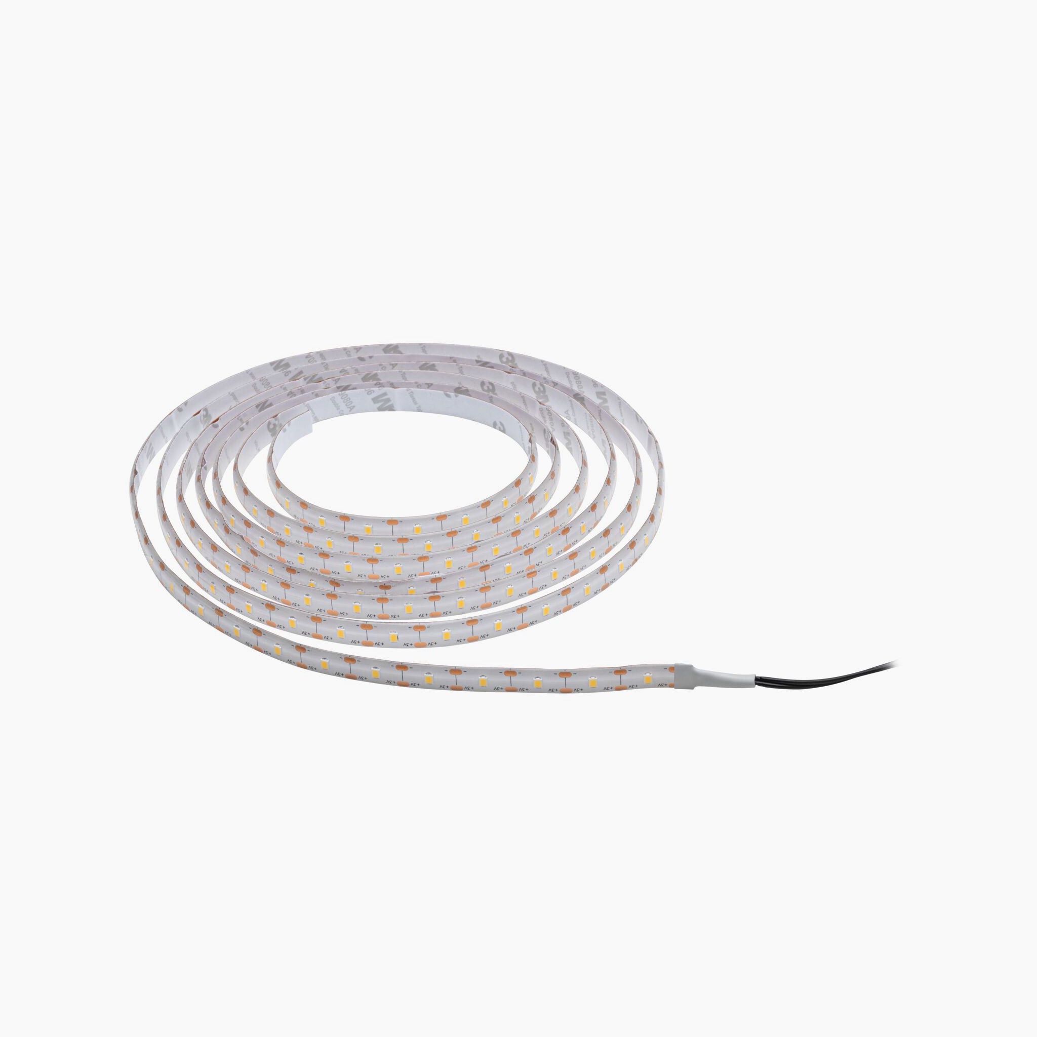 The Paulmann Outdoor Solar LED 3m Strip with Dusk Sensor in Warm White provides an environmentally friendly lighting solution, featuring visible yellow diodes and a black wire at the end.