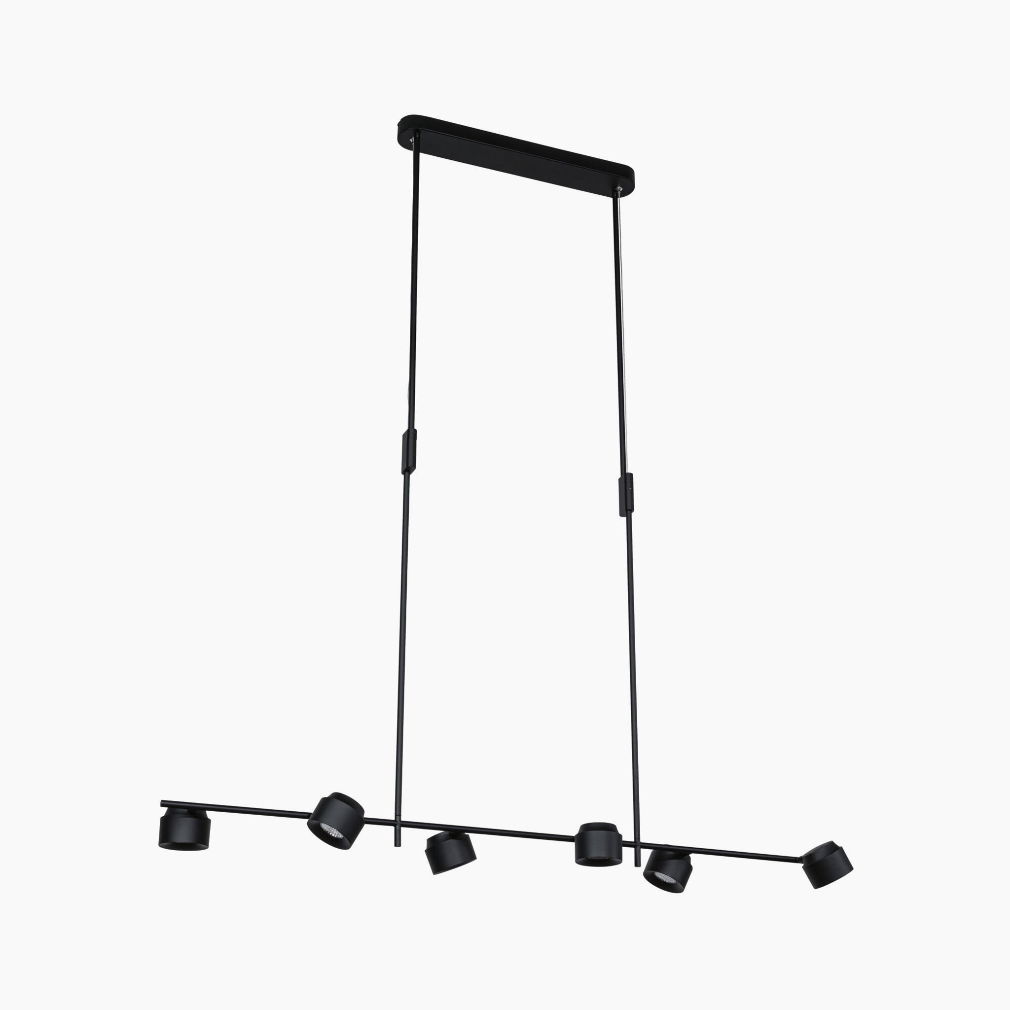 Introducing the Paulmann - Puric Pane 6.5W LED 6 Lamp Pendant Light with 3-Step Dim in Black, a sophisticated linear chandelier designed with adjustable spot heads and suspended from a rectangular ceiling mount. This elegant lighting solution provides versatile dimmable settings to create the perfect ambiance for any room.