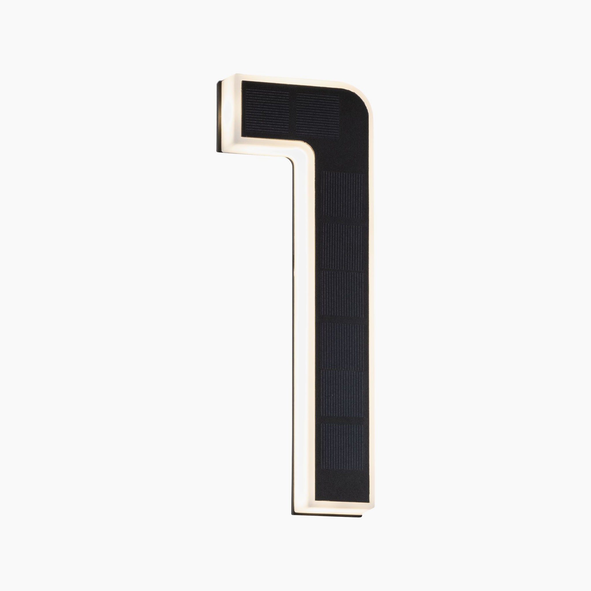 The Paulmann Outdoor Solar House Number 1 LED, with a power of 0.2W and replaceable battery, showcases a stylish black panel set against a white background, functioning as an elegant house number luminaire.