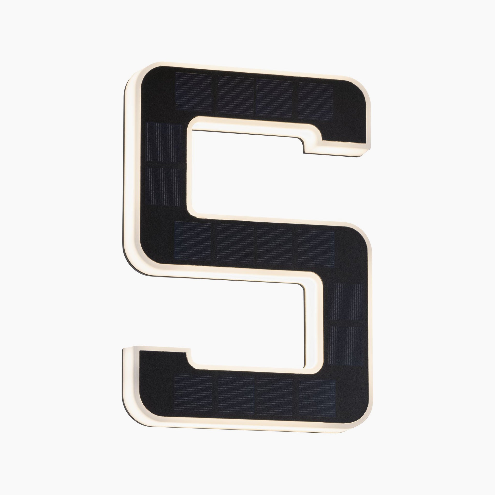 The Paulmann Outdoor Solar House Number 5 LED, featuring a replaceable battery and modern black design, stands out brilliantly on a white background, ideal as an elegant house number luminaire.