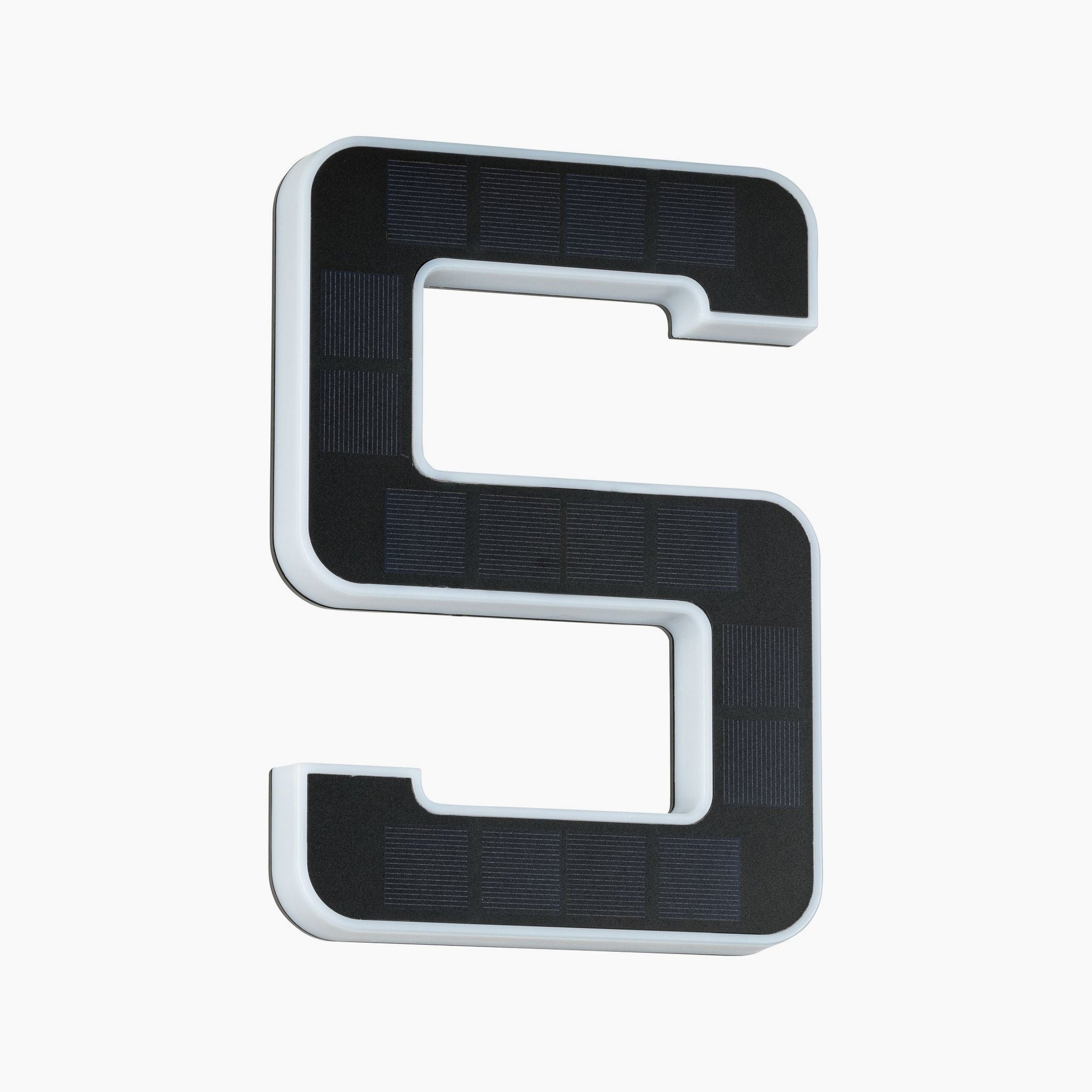 The Paulmann Outdoor Solar House Number 5 LED 0.2W in Black, featuring an innovative, blocky design, is perfect as an illuminated and striking house number luminaire with a futuristic style.