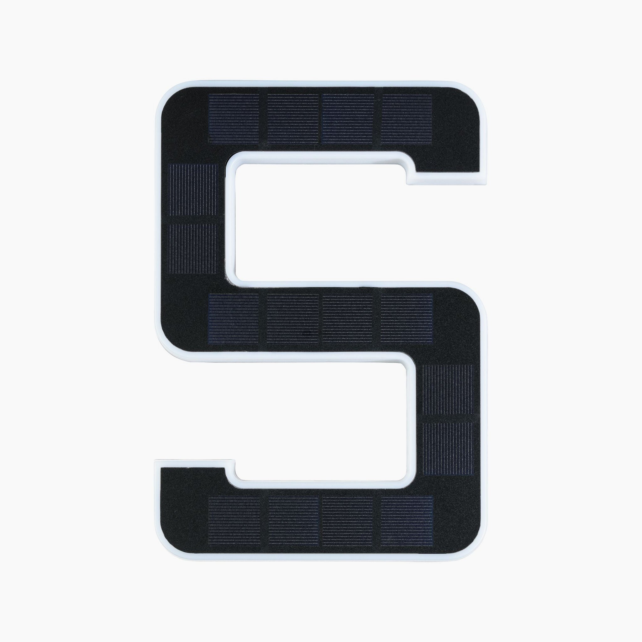 The image showcases a large, stylized letter "S" in a black and white design that resembles the Paulmann Outdoor Solar House Number 5 LED 0.2W with a replaceable battery in black.