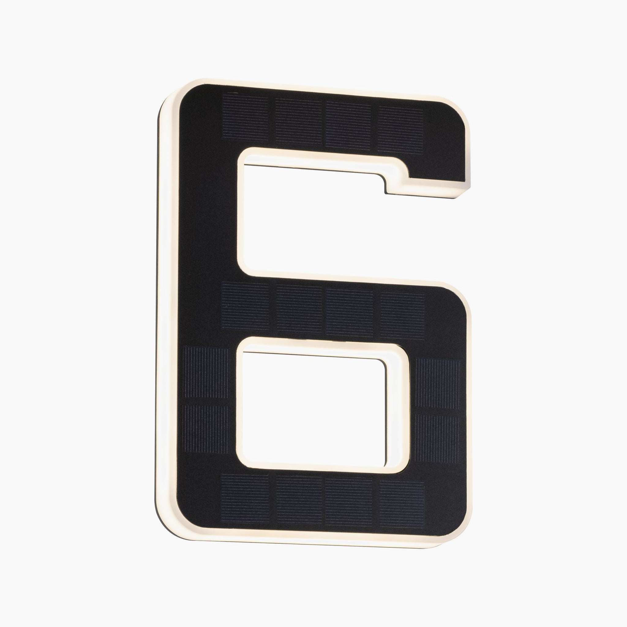 Paulmann Outdoor Solar House Number 6 LED in black with a replaceable battery on a white background.