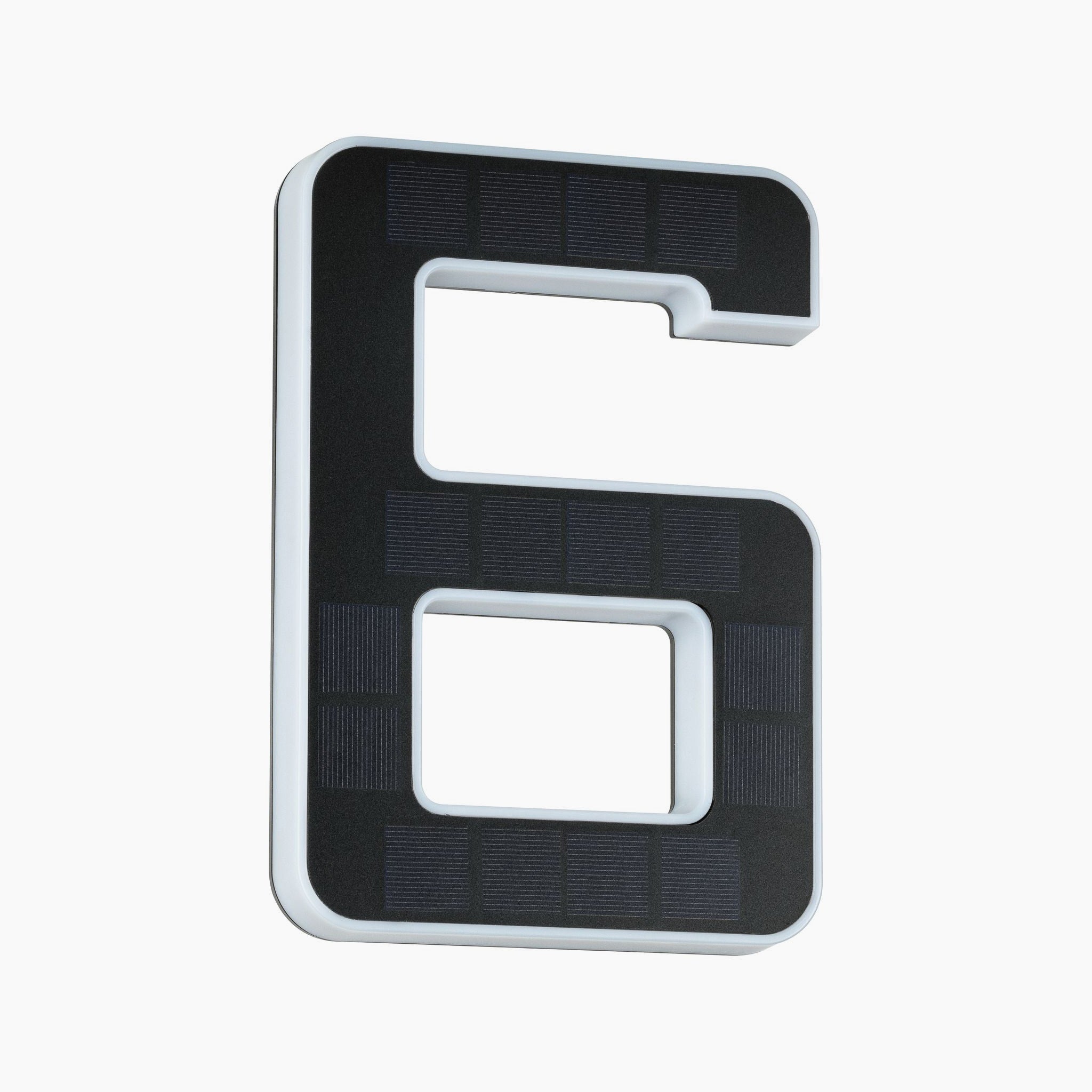 The Paulmann - Outdoor Solar House Number 6 LED 0.2W with Replaceable Battery in Black prominently features a large, black, stylized number six with a white border against a plain white background, reminiscent of an illuminated house number.