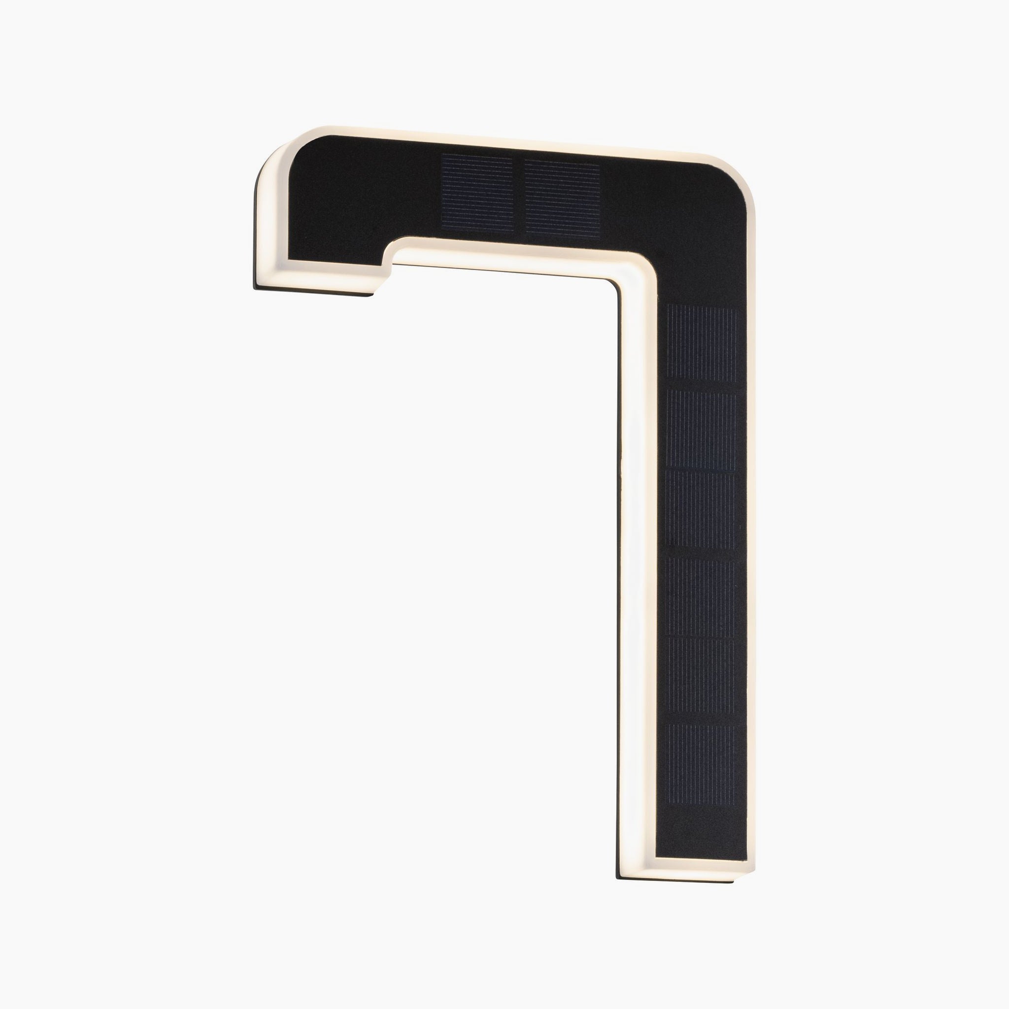 Contemporary L-shaped wall light fixture with a black finish, offered as the Paulmann Outdoor Solar House Number 7 LED 0.2W, complete with a replaceable battery and an optional house number luminaire.