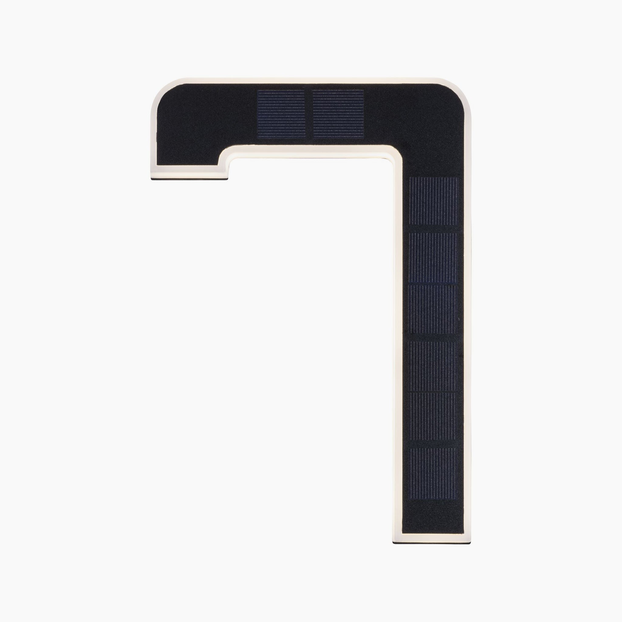 The Paulmann Outdoor Solar House Number 7 LED 0.2W with a replaceable battery in black features an L-shaped design with solar panels on each arm, resembling an innovative house number luminaire. Set against a plain white background, this stylish product captures the essence of modernity while offering the practicality of solar-powered functionality.