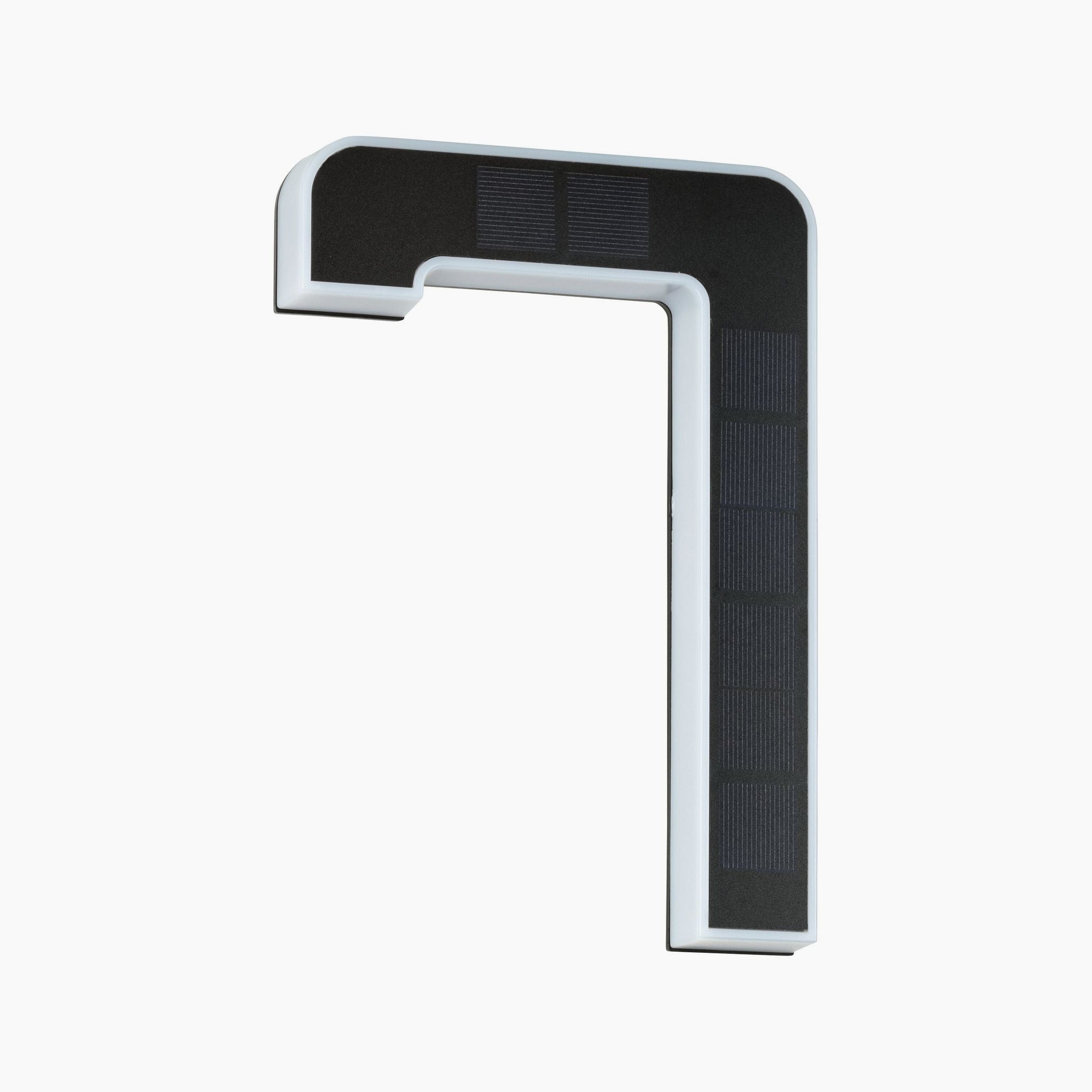 A Paulmann Outdoor Solar House Number luminaire, model number 7, featuring a distinctive black L-shaped design with visible grooves, set against a contrasting white background.