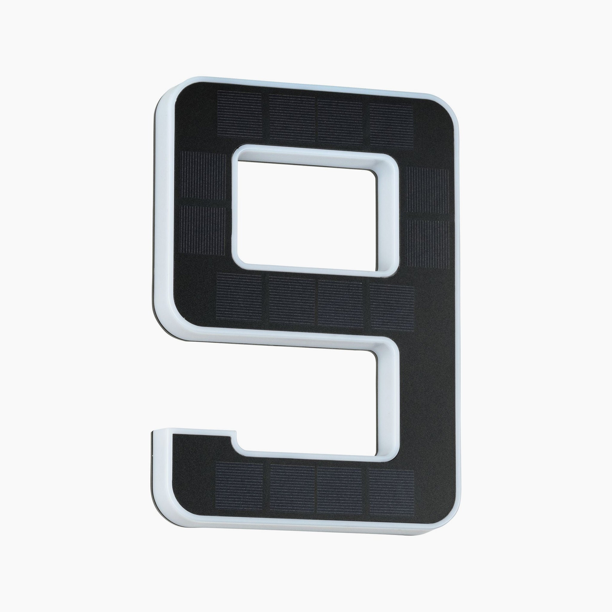 The Paulmann Outdoor Solar House Number 9 LED 0.2W with a replaceable battery in black features a modern, blocky design set against a white background. Its sleek and luminous design adds an elegant touch to any space while remaining highly functional and eye-catching.