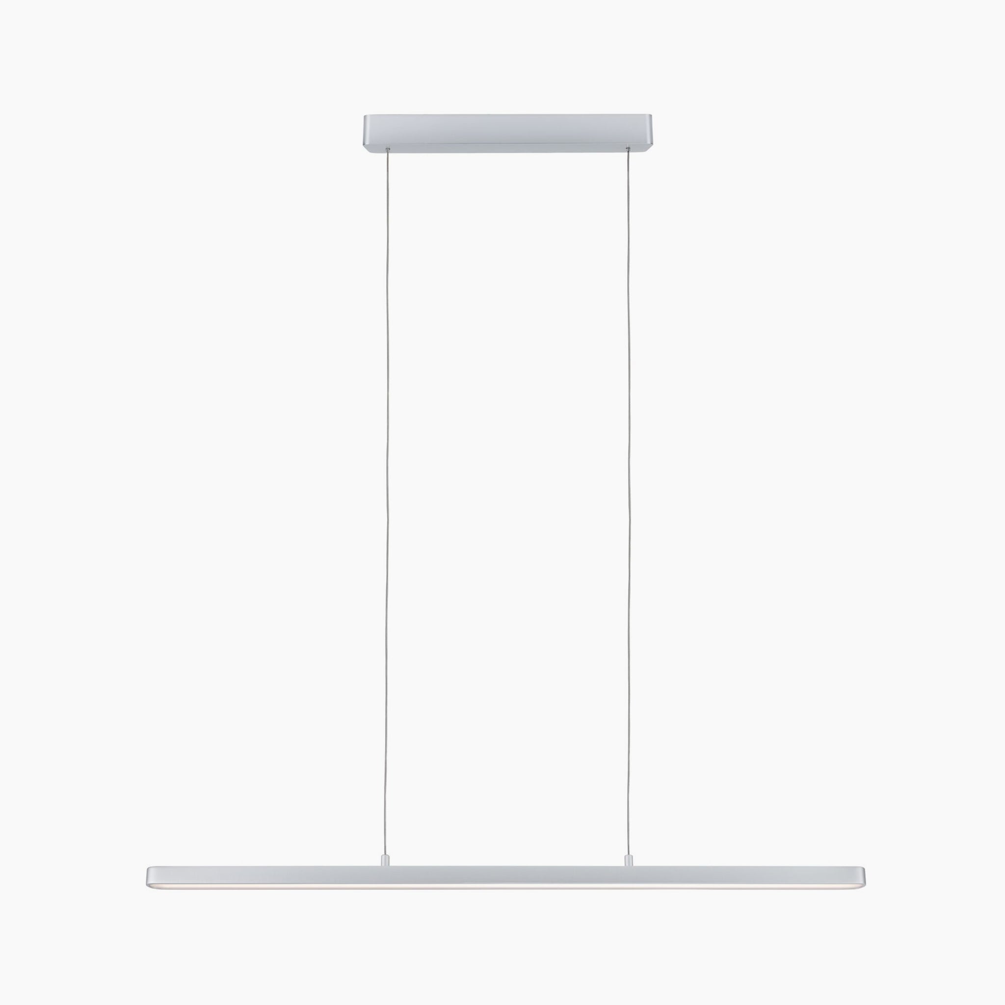 The Paulmann - Lento 37W LED Dimmable Pendant Light in Chrome Matt hangs from the ceiling, boasting a dimmable feature and an adjustable height for optimal ambiance.