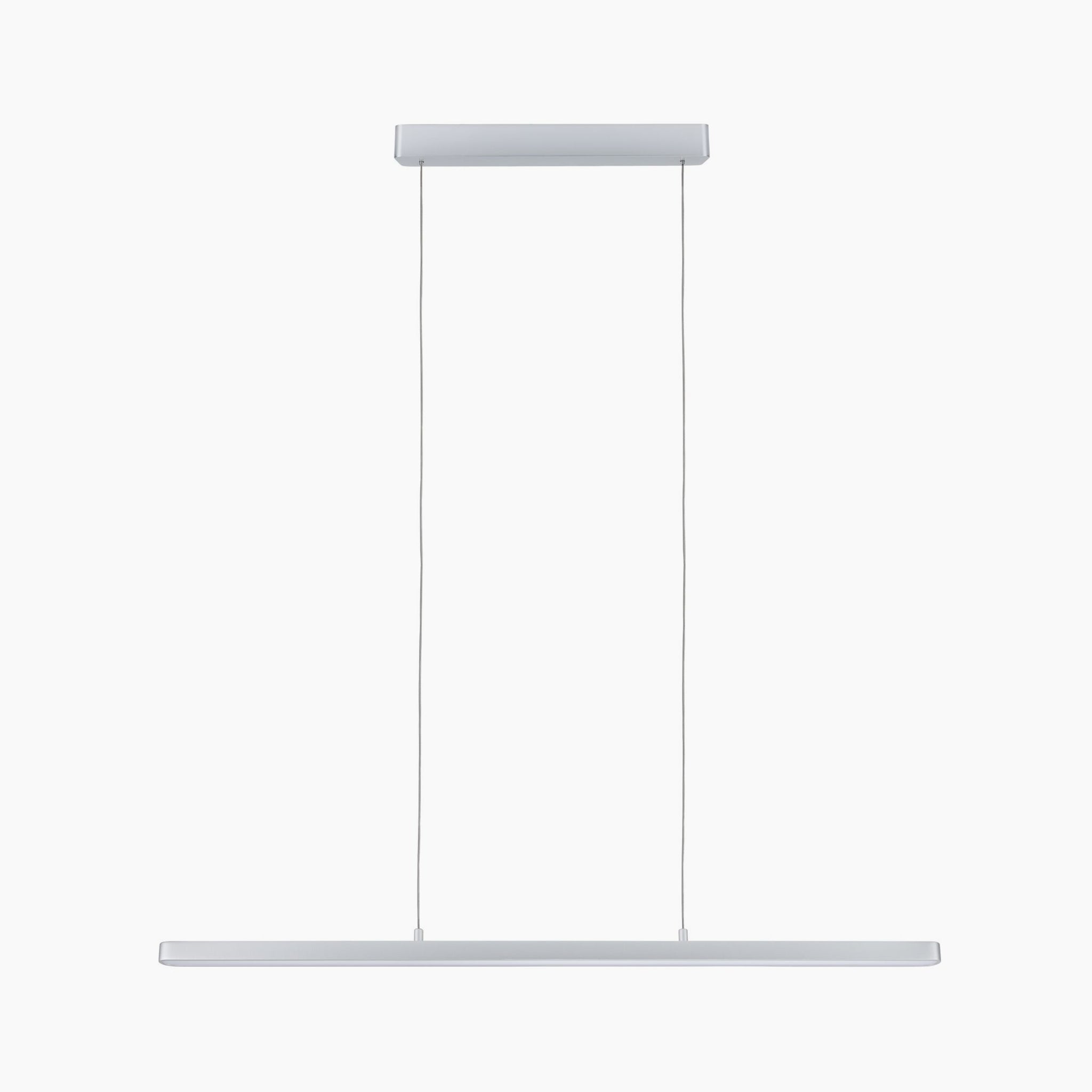 The Paulmann Lento 37W LED Dimmable Pendant Light in Chrome Matt offers a sleek design with a rectangular fixture that delivers high lumen output, suspended gracefully by two slender cords from the ceiling mount. Its adjustable height ensures customizable sophistication for any setting.