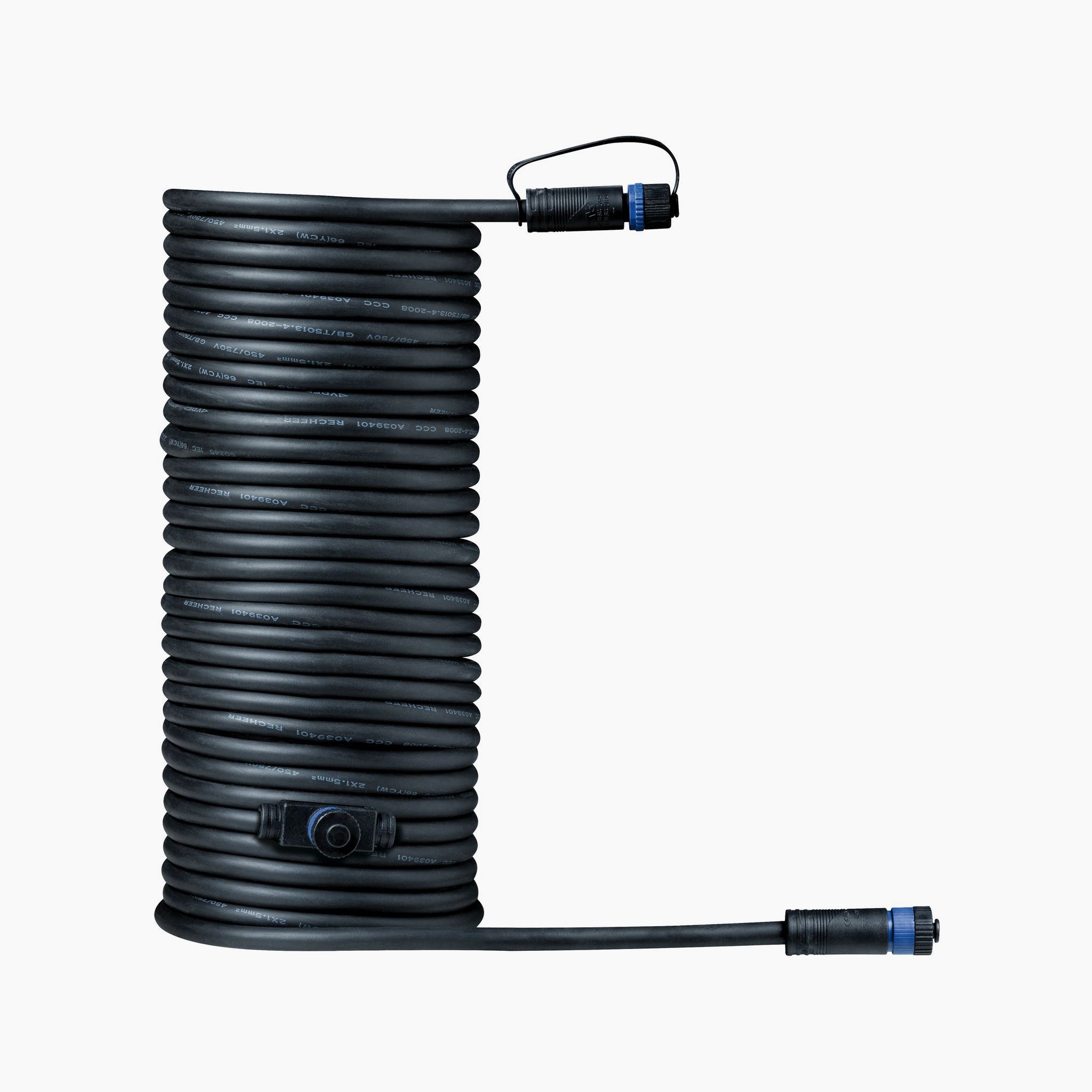 Black 10m coil of Paulmann's Plug & Shine outdoor cable featuring blue connectors at each end for enhanced versatility, set against a white background.