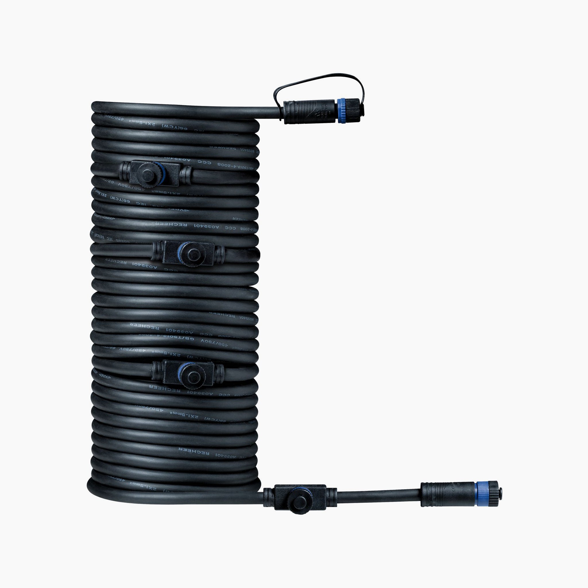 The Paulmann - Plug & Shine Outdoor 10m Cables with 5 Outputs in Black features a coiled black design with connectors on each end, making it perfect for outdoor spaces. Neatly arranged against a white background, this cable is designed with IP68 immersion protection to ensure durability and reliability in various conditions.