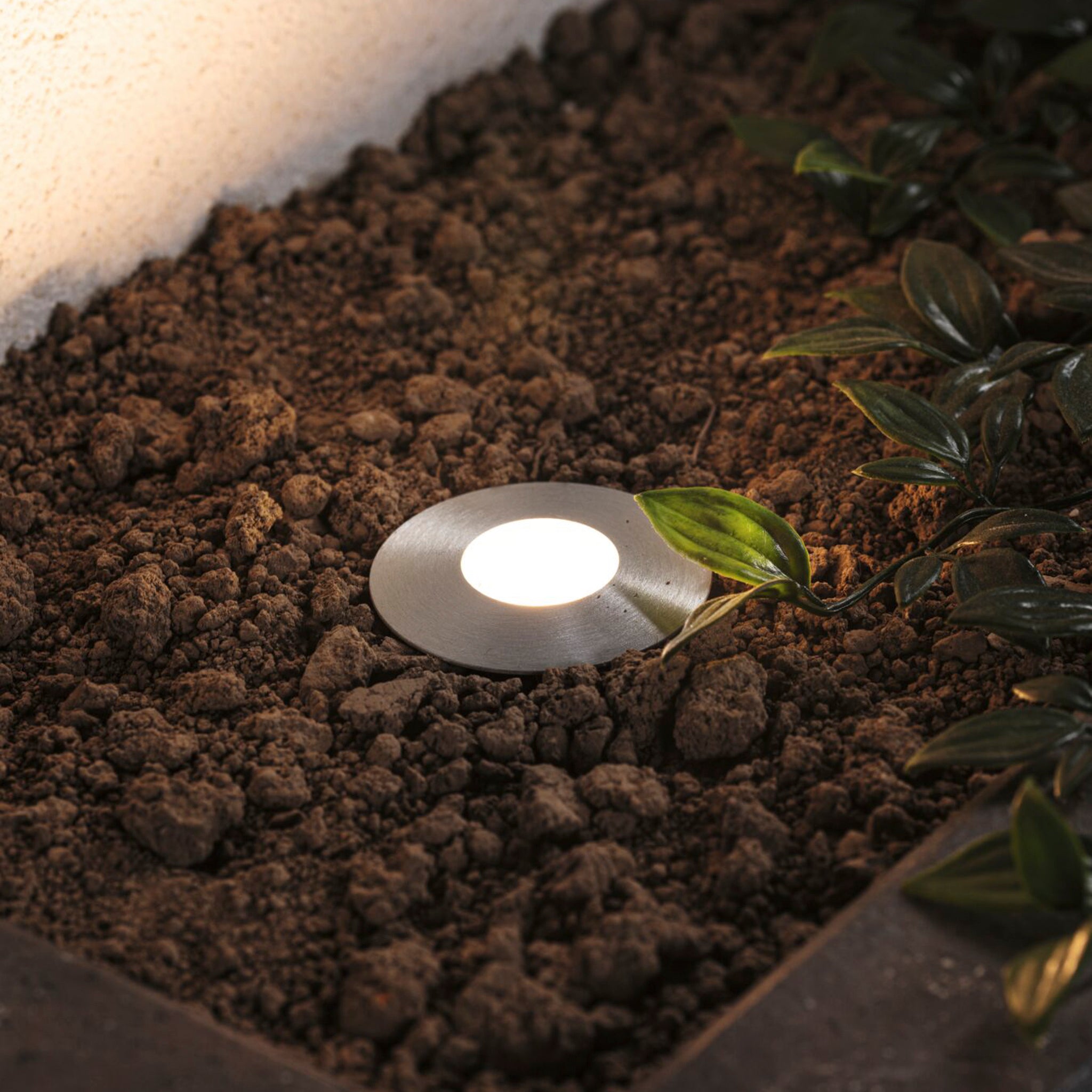 The Paulmann Plug & Shine Outdoor 2.5W LED Floor Mini Individual Spotlight in Silver elegantly illuminates a garden bed, seamlessly blending with the soil and greenery to create captivating outdoor lighting.