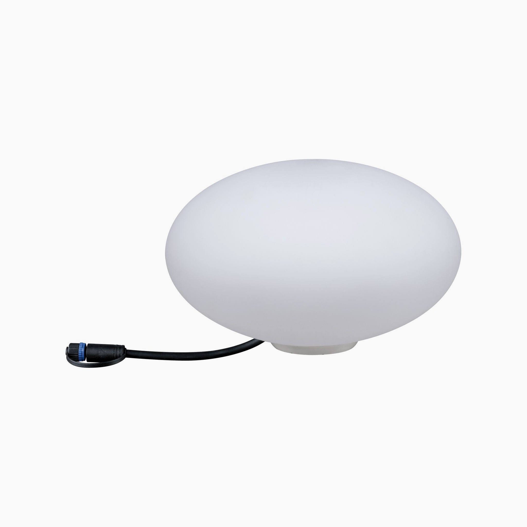 Enhance any setting with the Paulmann Plug & Shine Outdoor Stone 2.8W LED Floor Lamp, featuring a white, round, dome-shaped design and a black power cord. Ideal for outdoor lighting on a pristine white background, it comes with a ground spike for easy installation.
