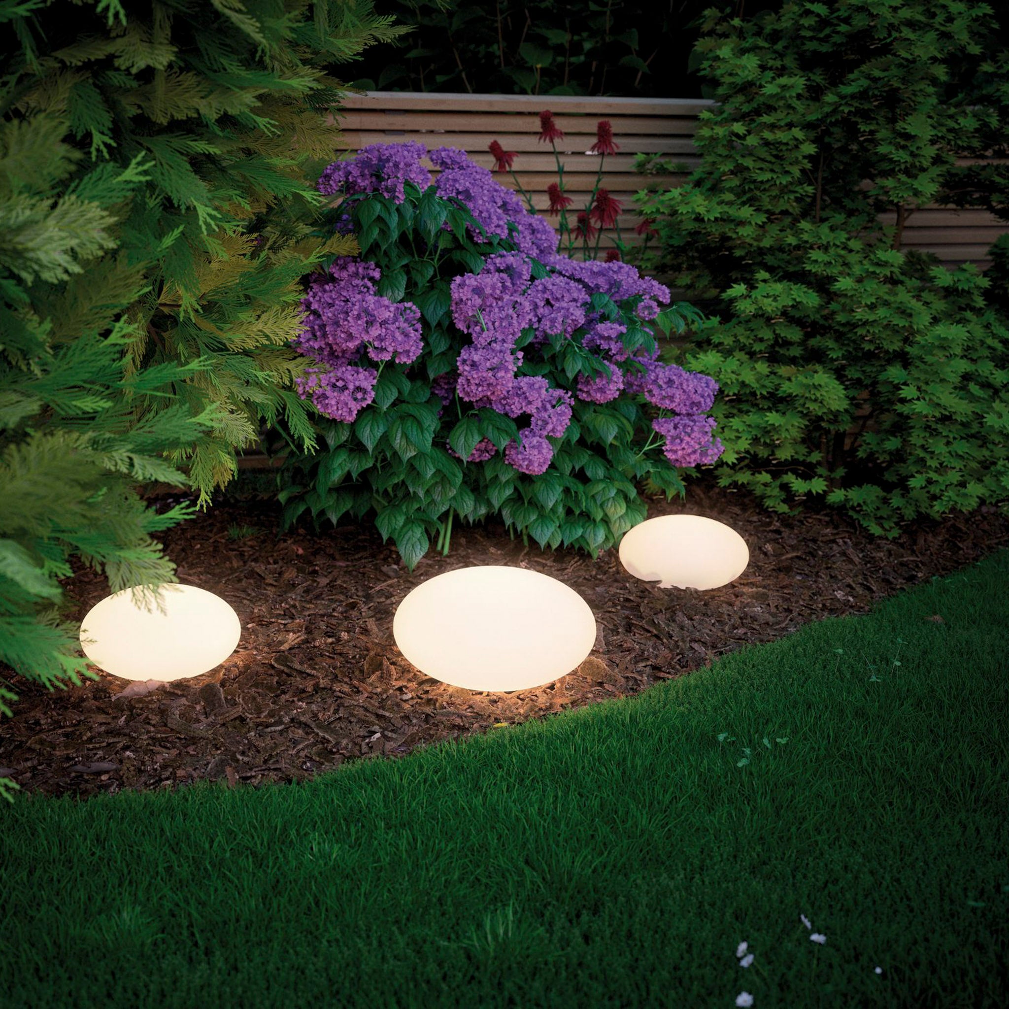 The garden dazzles with the Paulmann - Plug & Shine Outdoor Stone 2.8W LED 28cm Floor Lamp, casting a captivating glow on the vibrant purple flowers and lush greenery with its ground-spiked illumination.