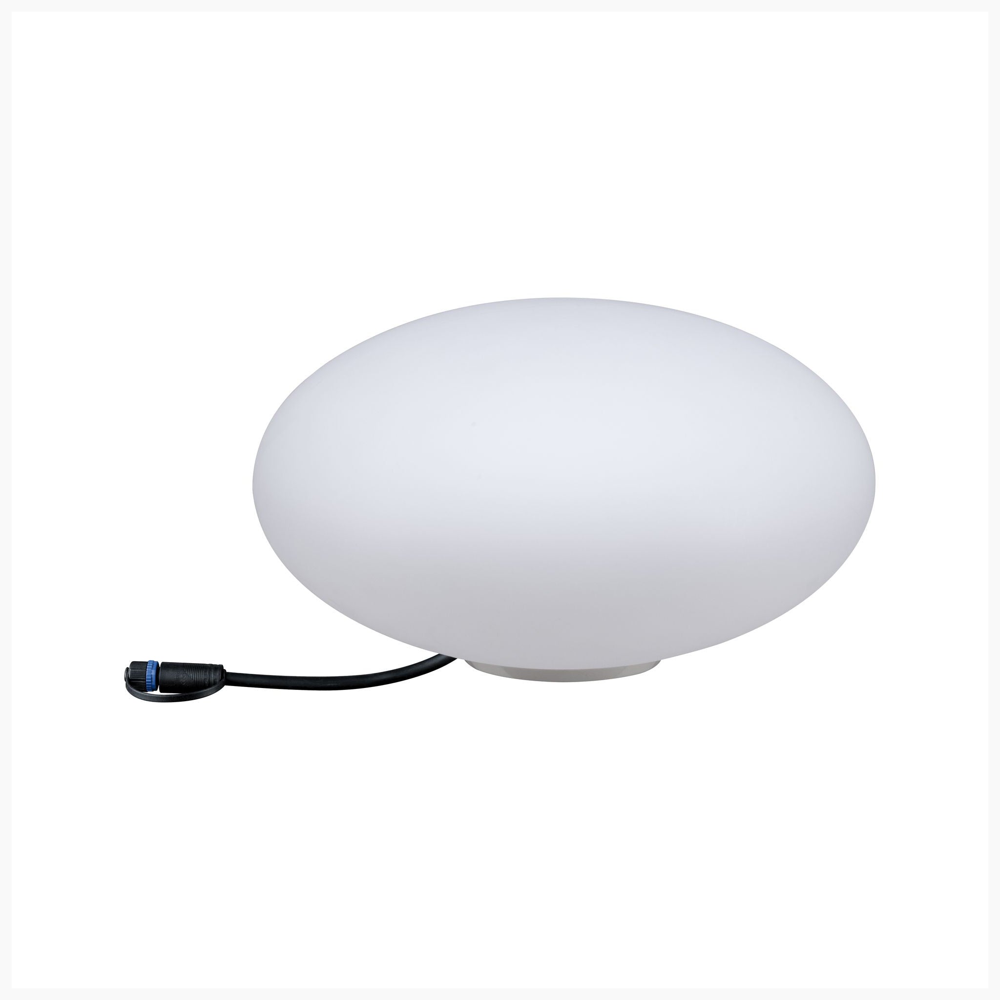 The Paulmann - Plug & Shine Outdoor Stone 2.8W LED 35cm Floor Lamp with Ground Spike in White, featuring a round, modern design and a short power cable, acts as an eye-catching decorative piece. It seamlessly integrates with your existing Stone Plug & Shine outdoor lighting setup, making it perfect for enhancing any space.