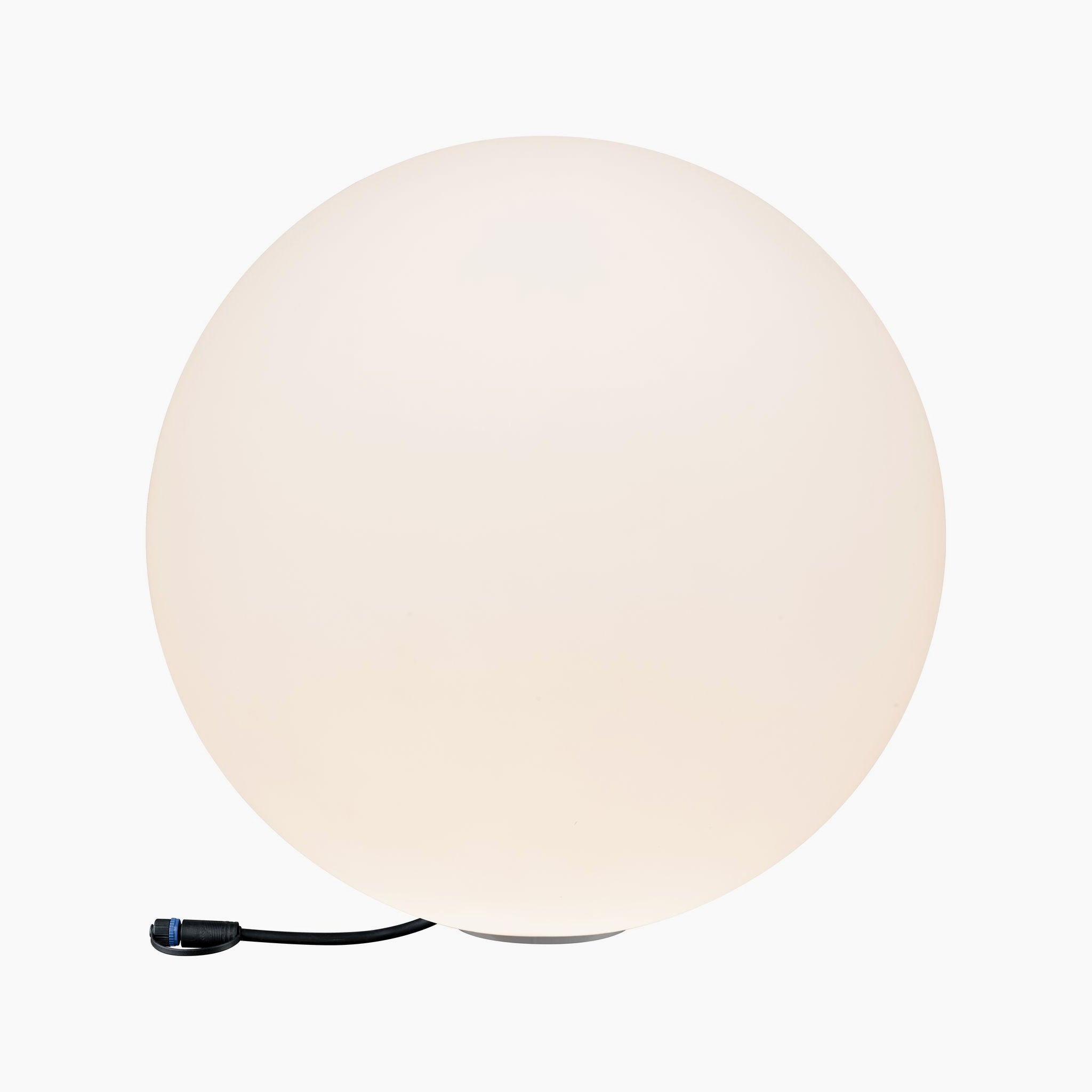 A round, glowing illuminated sphere with a black power cord sits against a plain white background, embodying the elegance of the Paulmann Plug & Shine Outdoor Globe 6.5W LED 50cm Floor Lamp with Ground Spike in White.
