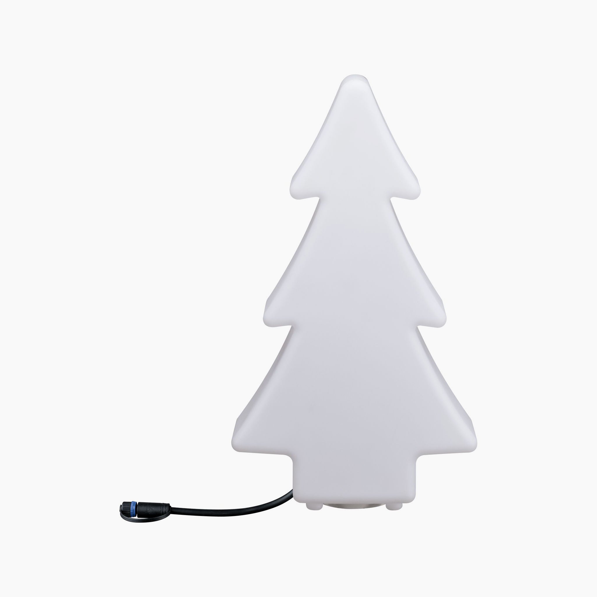 Decorate your outdoor spaces with the Paulmann - Plug & Shine Outdoor Christmas Tree 2.8W LED Floor Lamp with Ground Spike in White, featuring an illuminated white cone shape and black power cord. This piece adds a magical touch to any plain background, effortlessly transforming your patio into a winter wonderland.