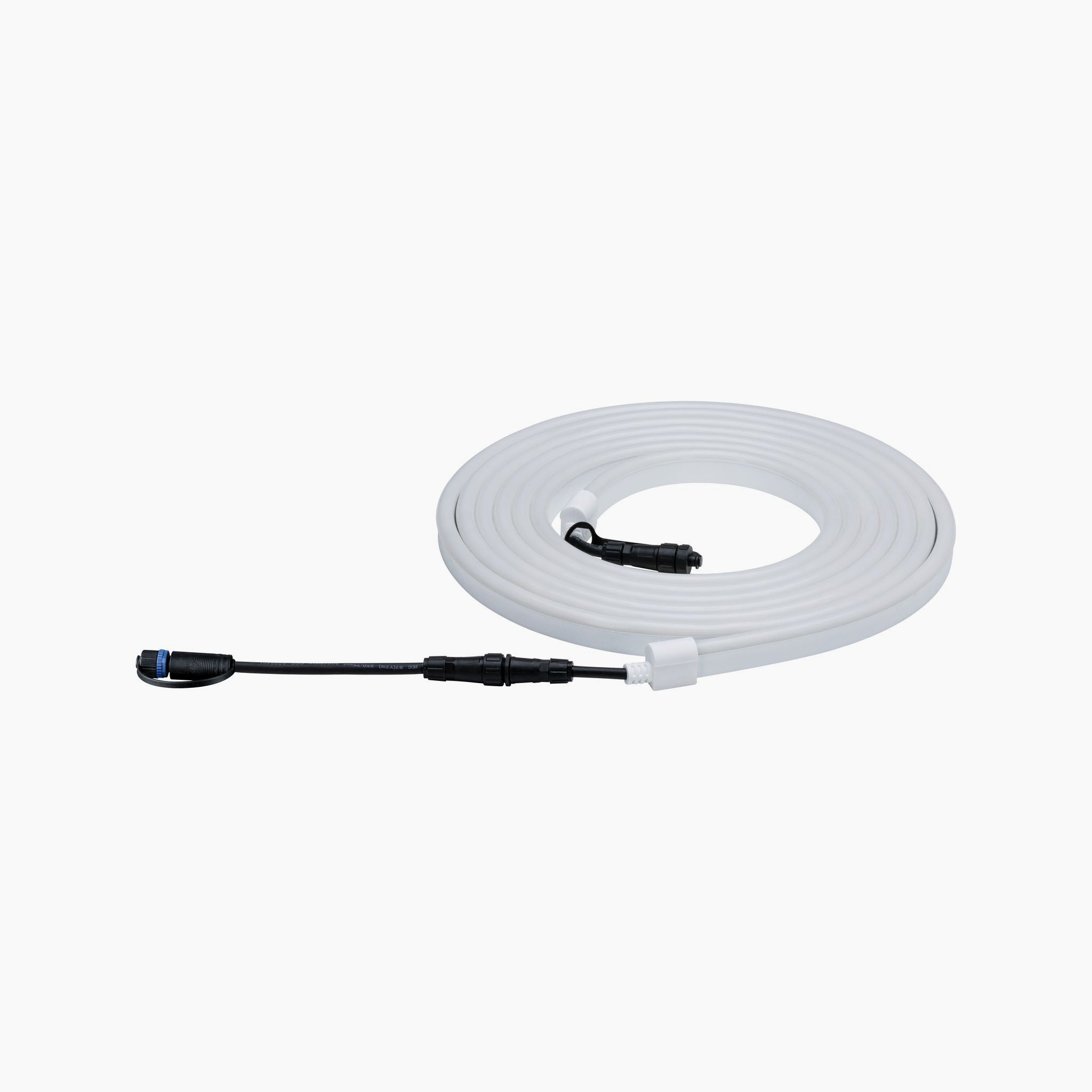 Paulmann's Plug & Shine Outdoor 31W LED Light Strip in Warm White features a coiled design with black connectors at each end, showcased under even lighting against an immaculate white background.