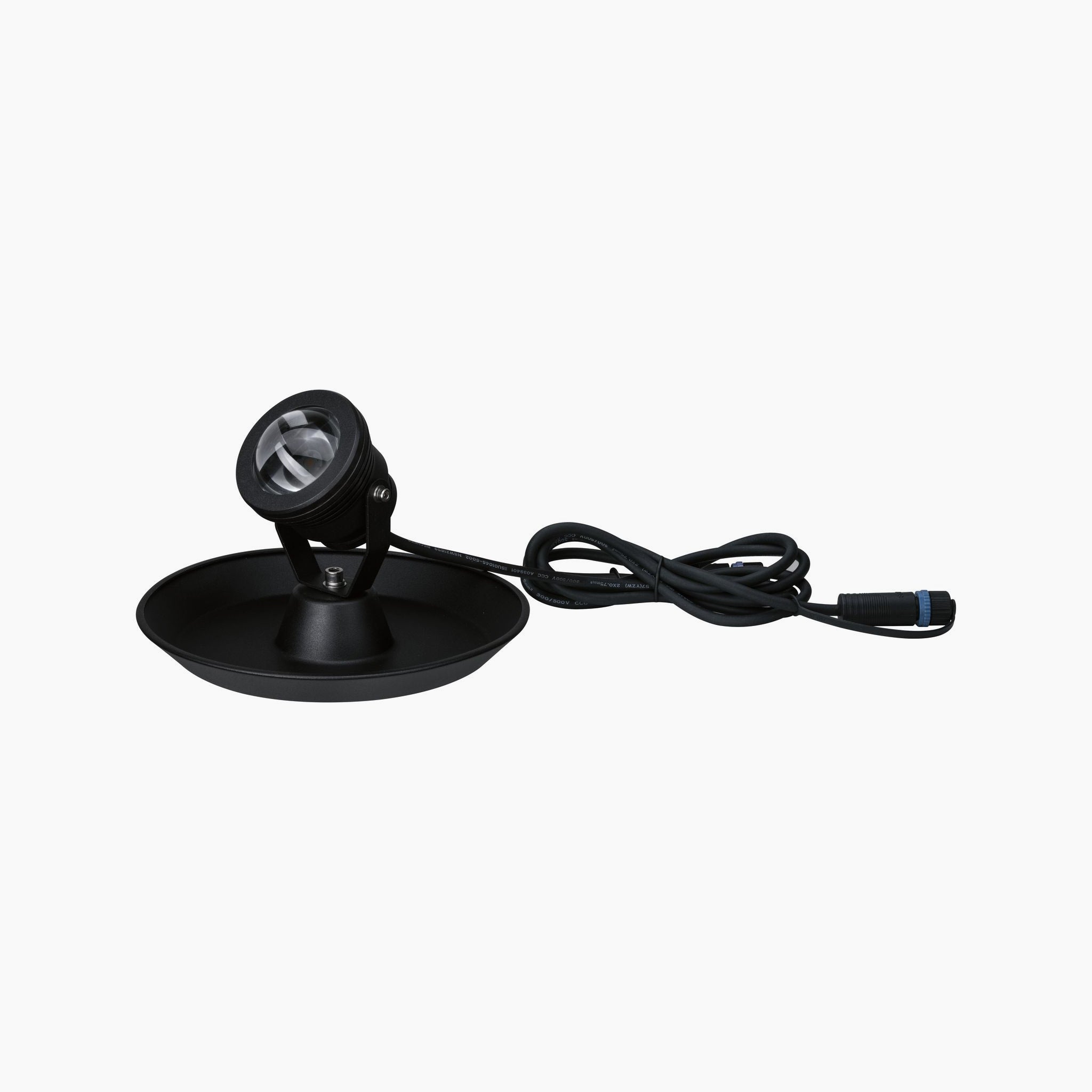 The Paulmann - Plug & Shine Outdoor 2.8W LED Pond Spotlight in Black features a sleek design with a round base and an attached power cord, making it perfect for enhancing outdoor spaces. Compatible with Plug & Shine systems, it's ideal for creating captivating lighting effects against a white background.