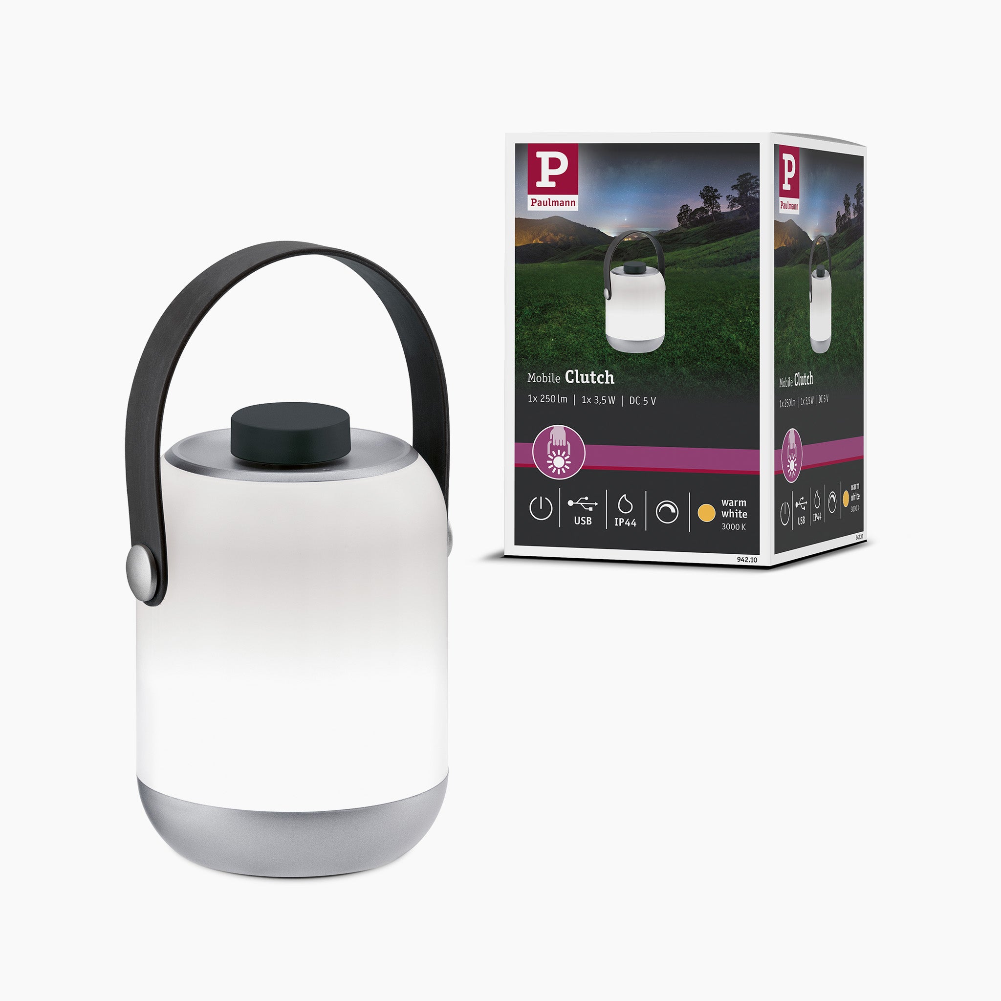 Paulmann's Outdoor Clutch 6W LED Mobile Table Lamp in Grey, featuring a black handle and delivering pleasant illumination, is displayed alongside its packaging box.