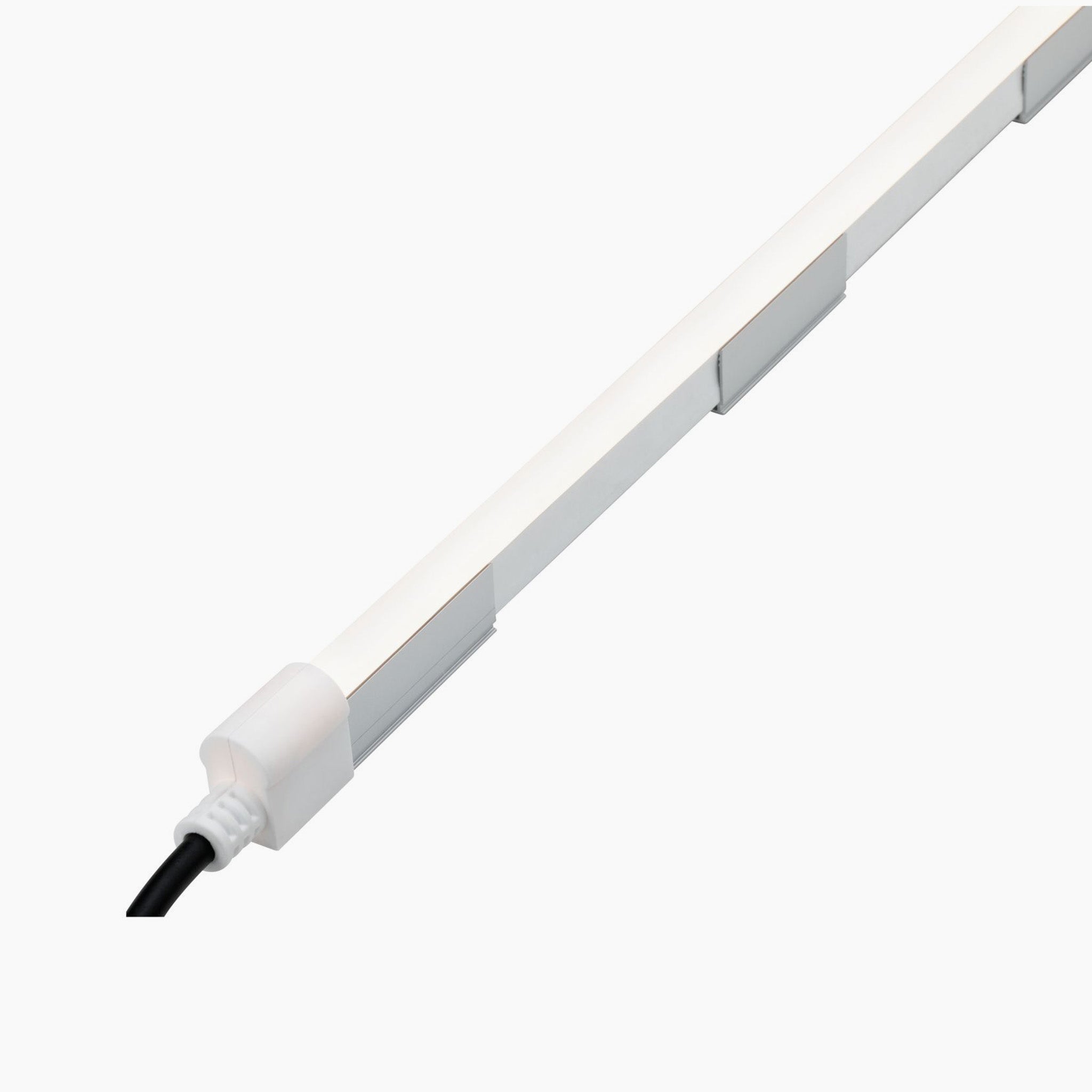 The Paulmann - Plug & Shine Outdoor LED Strip Light Clips (Pack of 6) is designed for convenience, featuring a white LED strip light with connectors and a black power cable on the left side, along with mounting clips to facilitate easy installation.