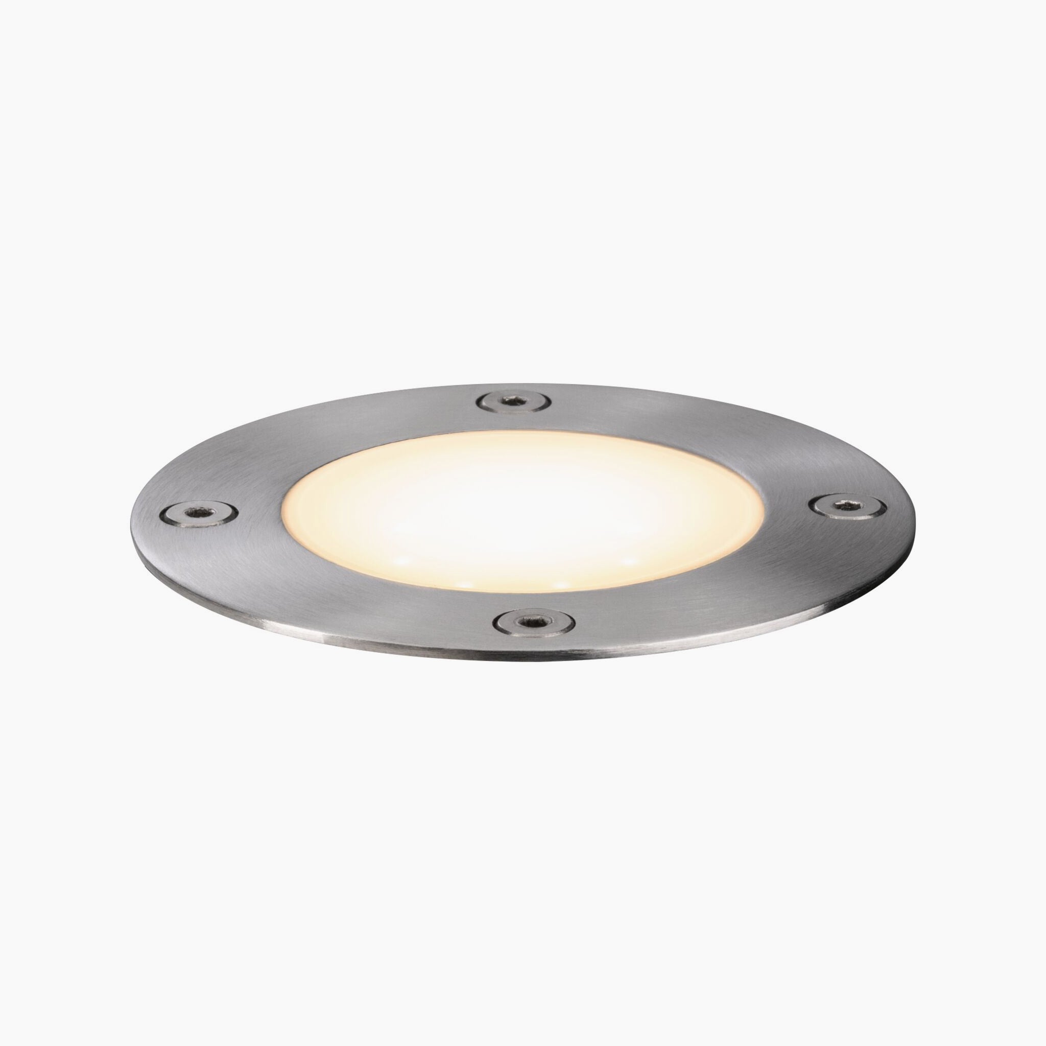 Round recessed ceiling light with a stainless steel frame and warm glow, perfect for illuminating garden paths or enhancing outdoor traffic areas. This description highlights the attributes of the Paulmann - Plug & Shine Outdoor 3.8W LED Recessed Floor Individual Round Spotlight in Stainless Steel against a white background.