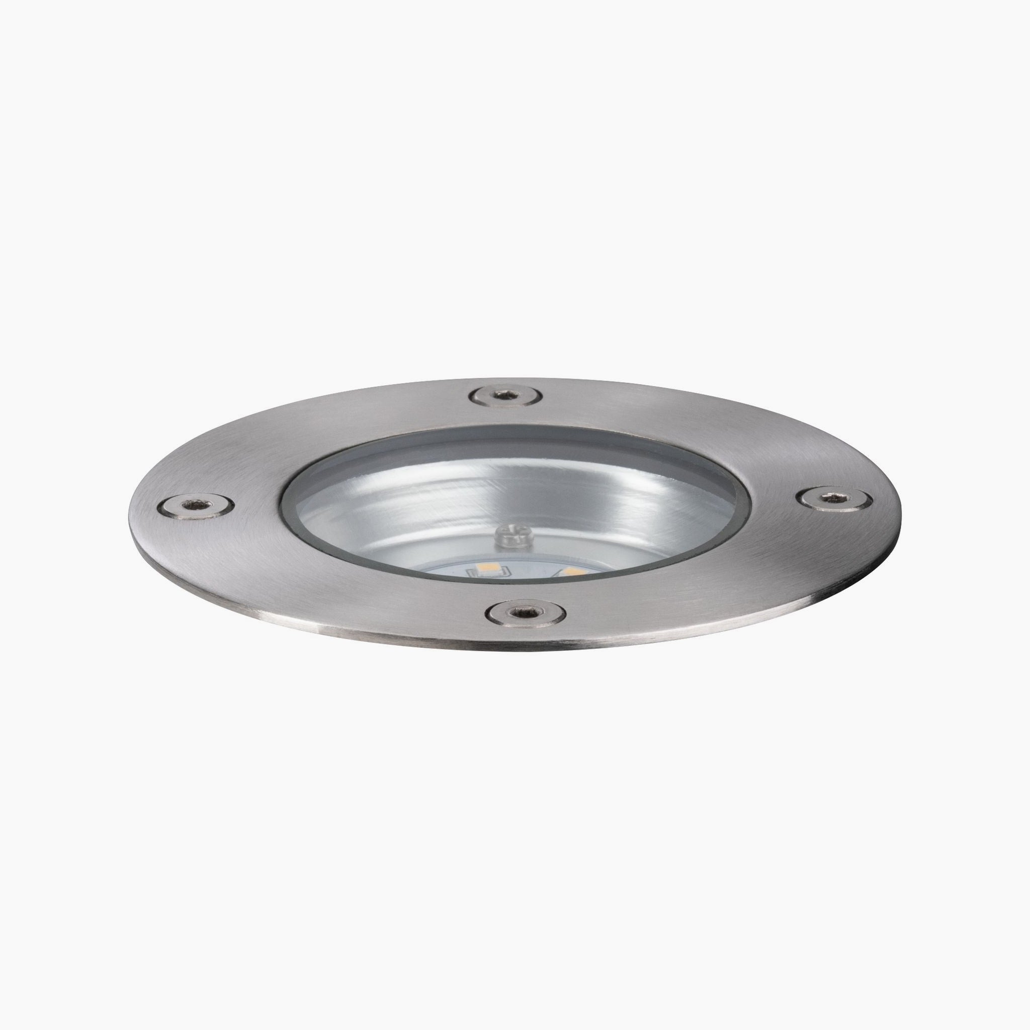 The Paulmann - Plug & Shine Outdoor 3.8W LED Recessed Floor Individual Round Spotlight in Stainless Steel features a metal frame with four surface screws, making it ideal for illuminating garden paths or enhancing outdoor traffic areas.