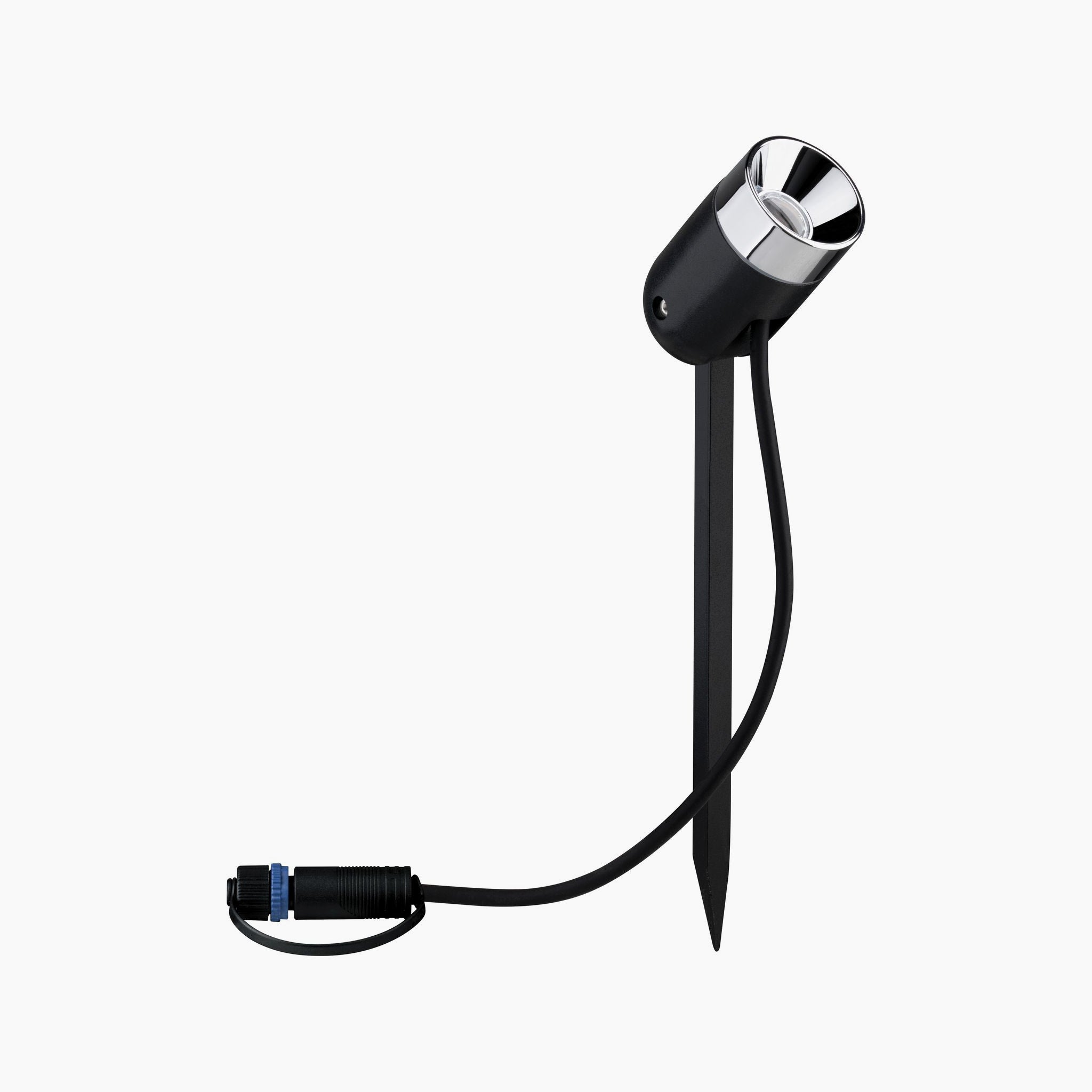 The Paulmann - Plug & Shine Outdoor Pike 4.5W LED Warm White Individual Spotlight in Anthracite is a smart addition to your landscape, featuring a sleek black design with an easy-to-install ground spike and connected cable. It's perfect for enhancing your outdoor space against a white background and seamlessly integrates with your Plug & Shine lighting system.
