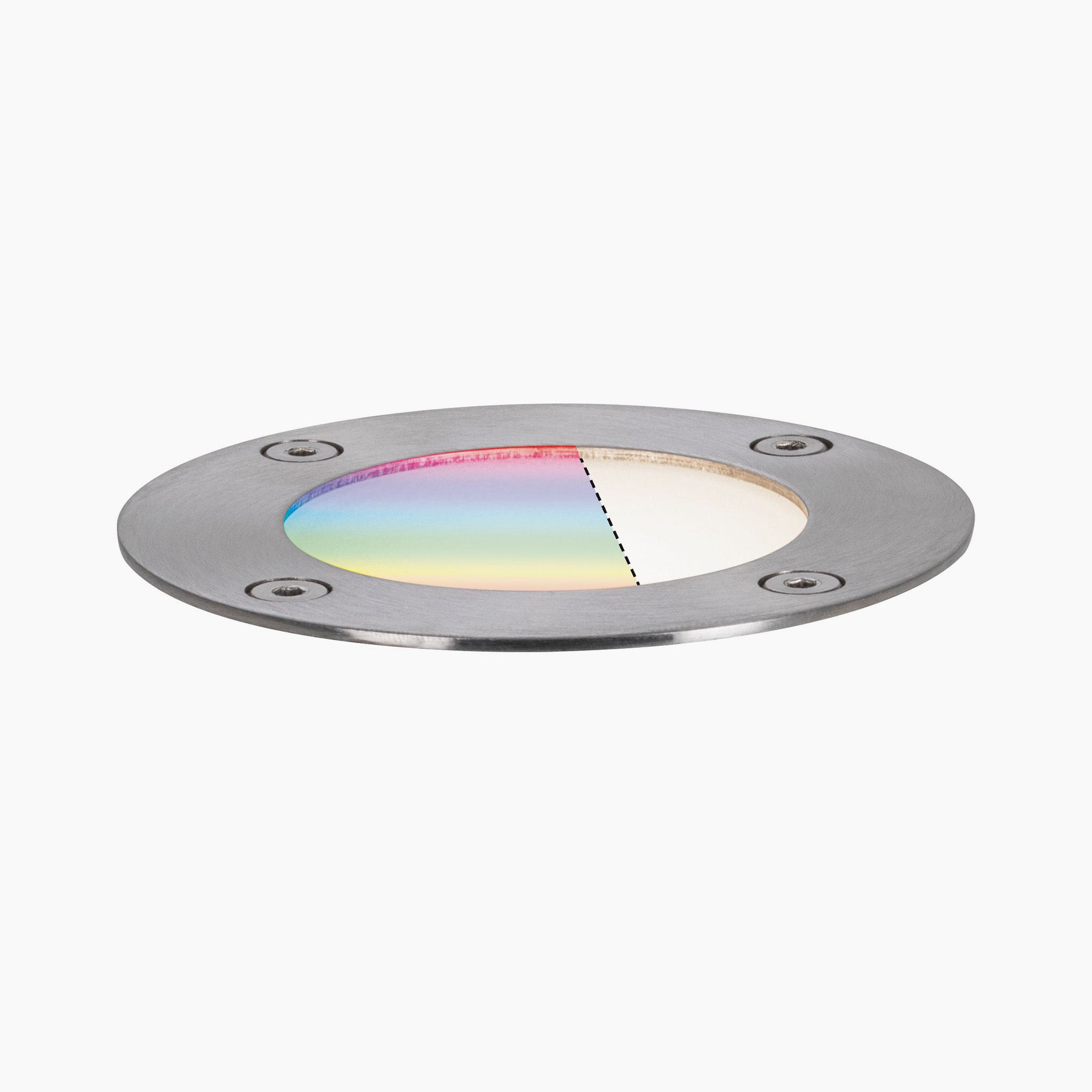 Close-up of a circular metallic disc reminiscent of the Paulmann Plug & Shine Outdoor 3.6W RGBW Floor Mini Individual Spotlight in Silver, with a colorful reflective surface and a dotted line dividing it in half. This piece would seamlessly integrate into any elegant garden lighting system, combining functionality with modern aesthetics.