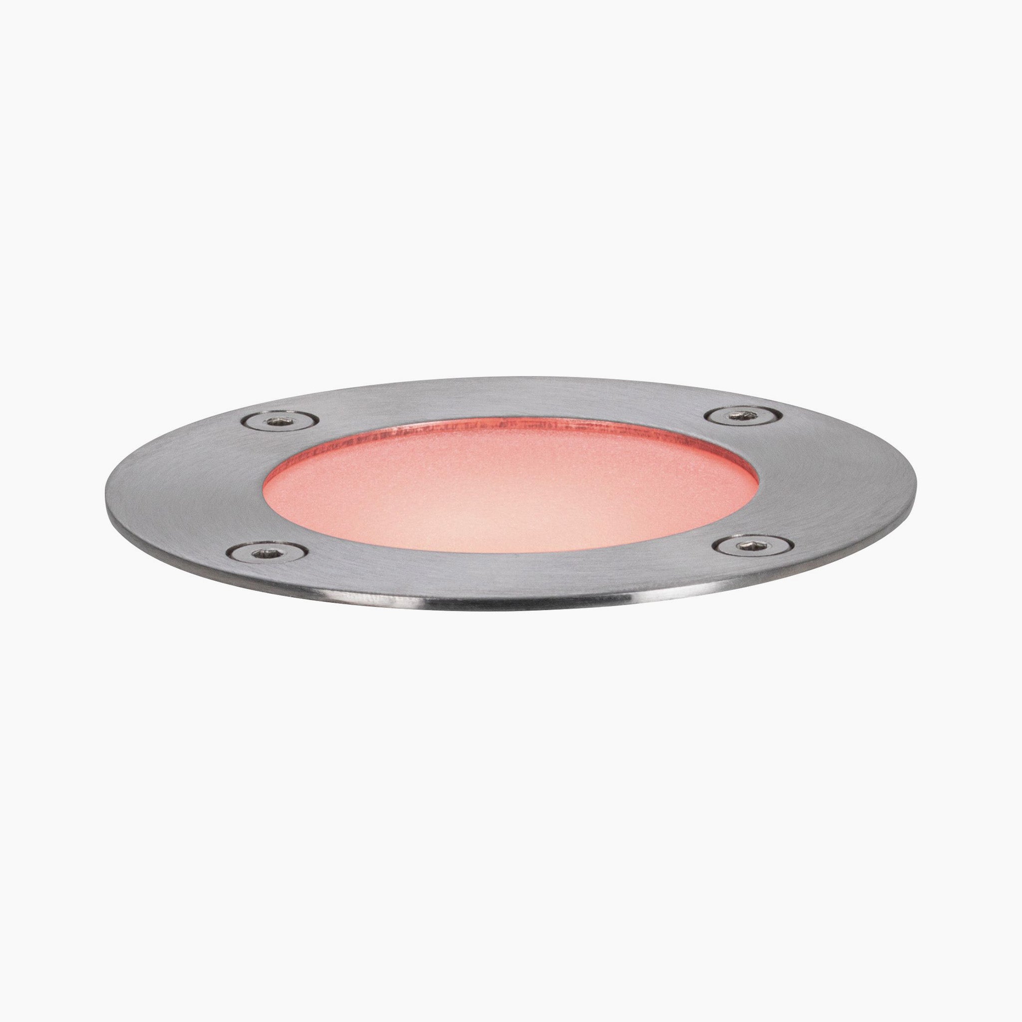 Introducing the Paulmann - Plug & Shine Outdoor 3.6W RGBW Floor Mini Individual Spotlight in Silver: a round LED floor light with a captivating red glow, perfect for enhancing your garden lighting system.