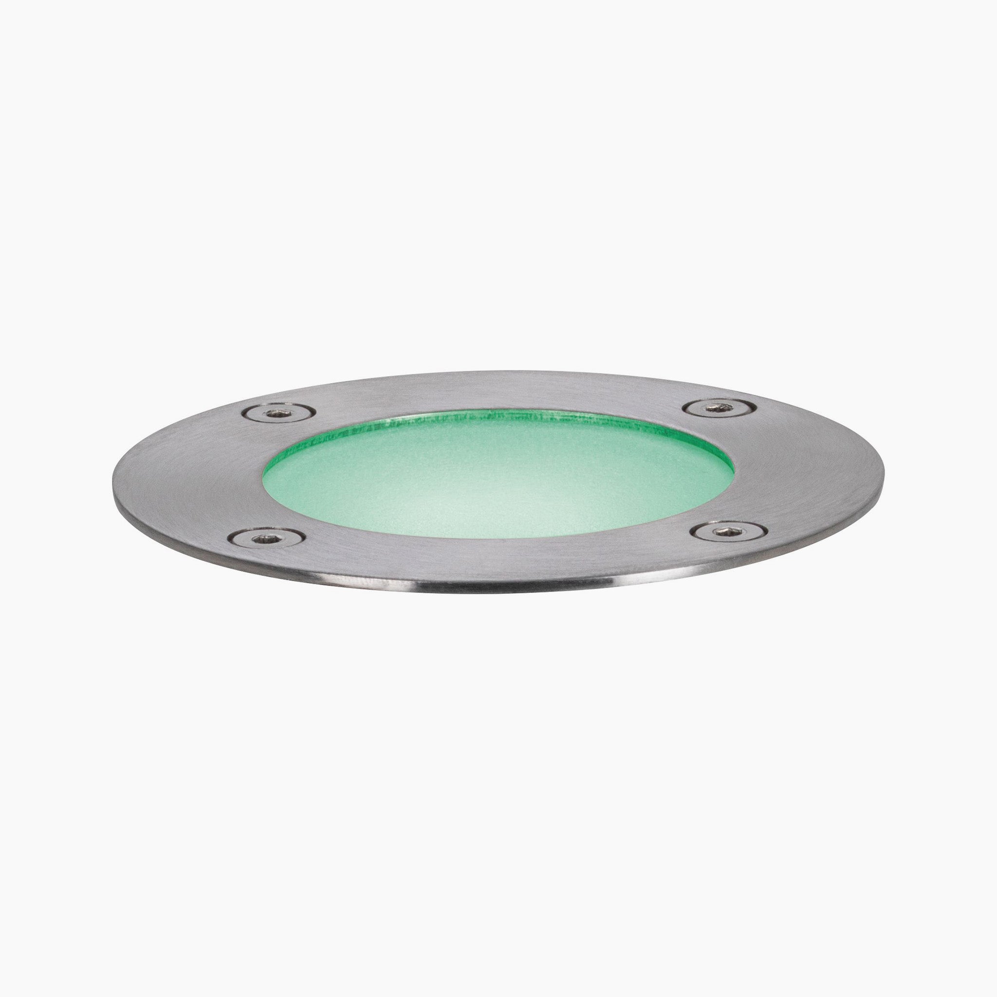 The Paulmann - Plug & Shine Outdoor 3.6W RGBW Floor Mini Individual Spotlight in Silver boasts a silver frame and a green-tinted glass center, effortlessly blending into the Plug & Shine garden lighting system. Perfect as a floor recessed spotlight, it adds subtle elegance to outdoor spaces.