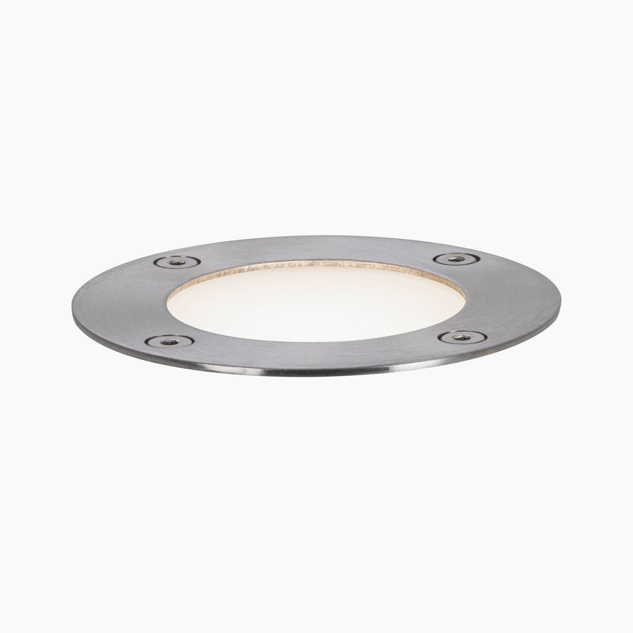 Introducing the Paulmann - Plug & Shine Outdoor 3.6W RGBW Floor Mini Individual Spotlight in Silver, featuring a round design with a frosted glass center and three screws on the metal frame, ideal for seamlessly integrating into your garden's lighting system.