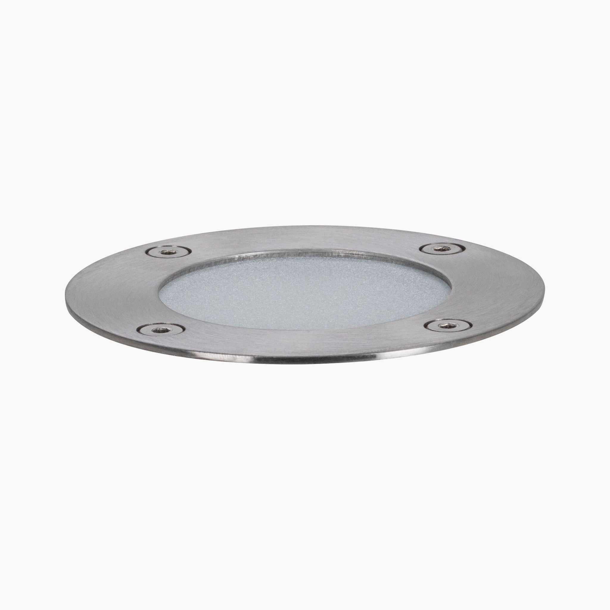 The Paulmann Plug & Shine Outdoor 3.6W RGBW Floor Mini Individual Spotlight in Silver is a round stainless steel, floor recessed spotlight featuring a frosted glass center and visible screws on a white background. Perfectly compatible with the Plug & Shine garden lighting system, it offers seamless illumination while maintaining an elegant appearance.