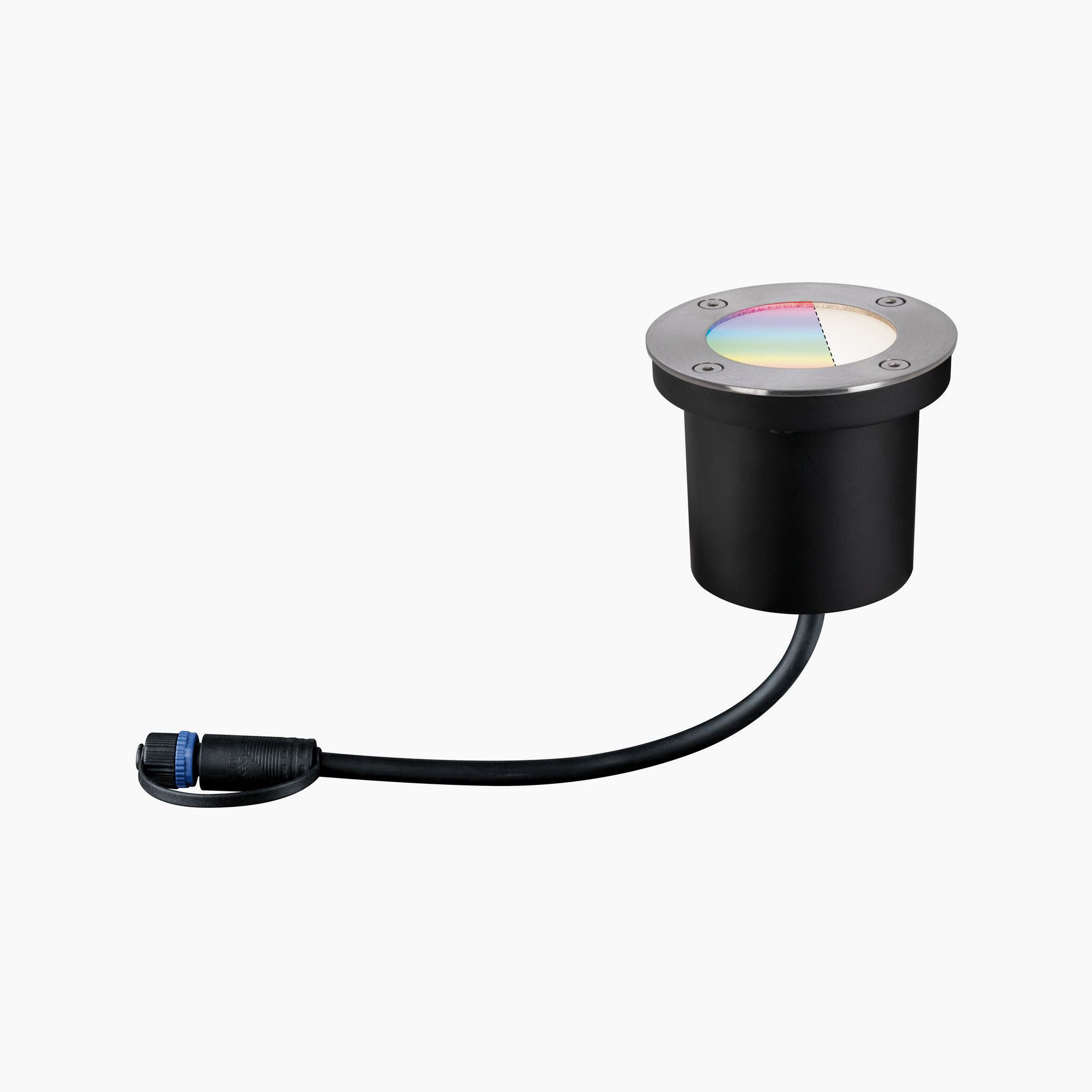 Explore the ultimate garden lighting solution with the Paulmann - Plug & Shine Outdoor 3.6W RGBW Floor Mini Individual Spotlight in Silver. Featuring a circular top, integrated cable, and a color-changing lens, this spotlight is perfect as a floor recessed option and seamlessly fits into your Plug & Shine system for any setting.