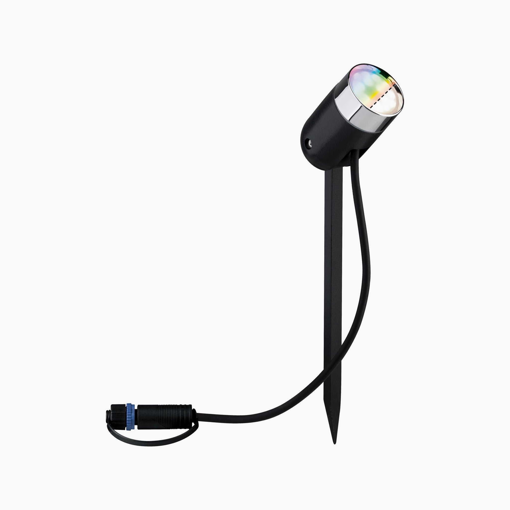 Anthracite outdoor spotlight with a ground spike and cable, compatible with Zigbee 3.0, featuring RGBW colour change for a vibrant multicolored light on a white backdrop.