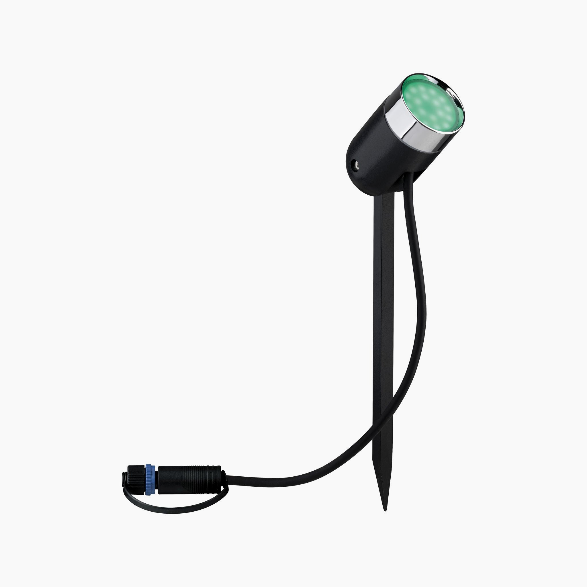 The Paulmann Plug & Shine Outdoor Pike 4.5W LED RGBW Individual Spotlight in anthracite comes equipped with a ground spike and features a green-illuminated round top, fully compatible with Zigbee 3.0 for effortless smart home integration.