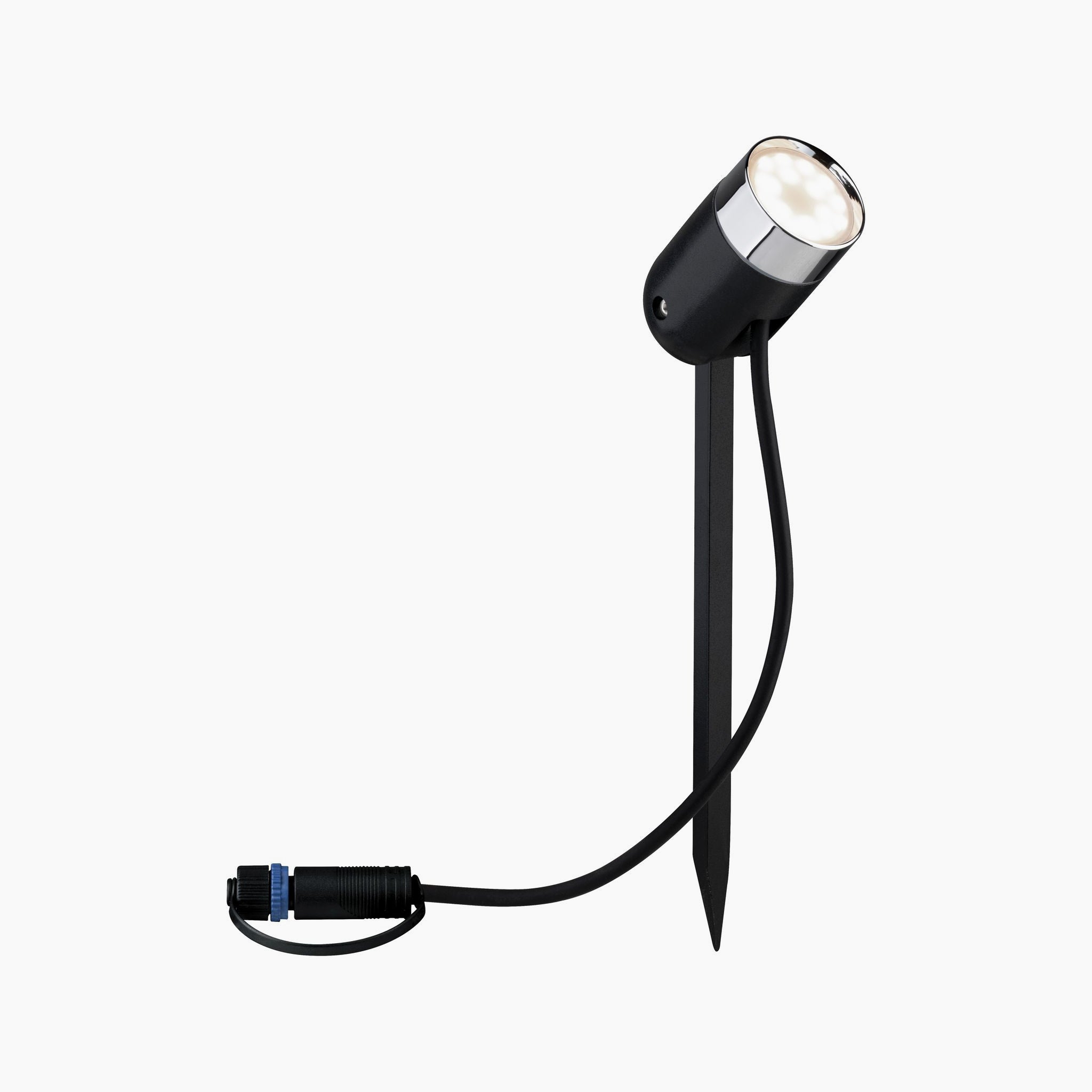 Introducing the Paulmann - Plug & Shine Outdoor Pike 4.5W LED RGBW Individual Spotlight in Anthracite: This innovative spotlight comes with a ground spike for easy installation and an attached cable. Enhanced with Zigbee 3.0 compatibility, it seamlessly integrates into your smart home system, offering efficient performance and smart control options.